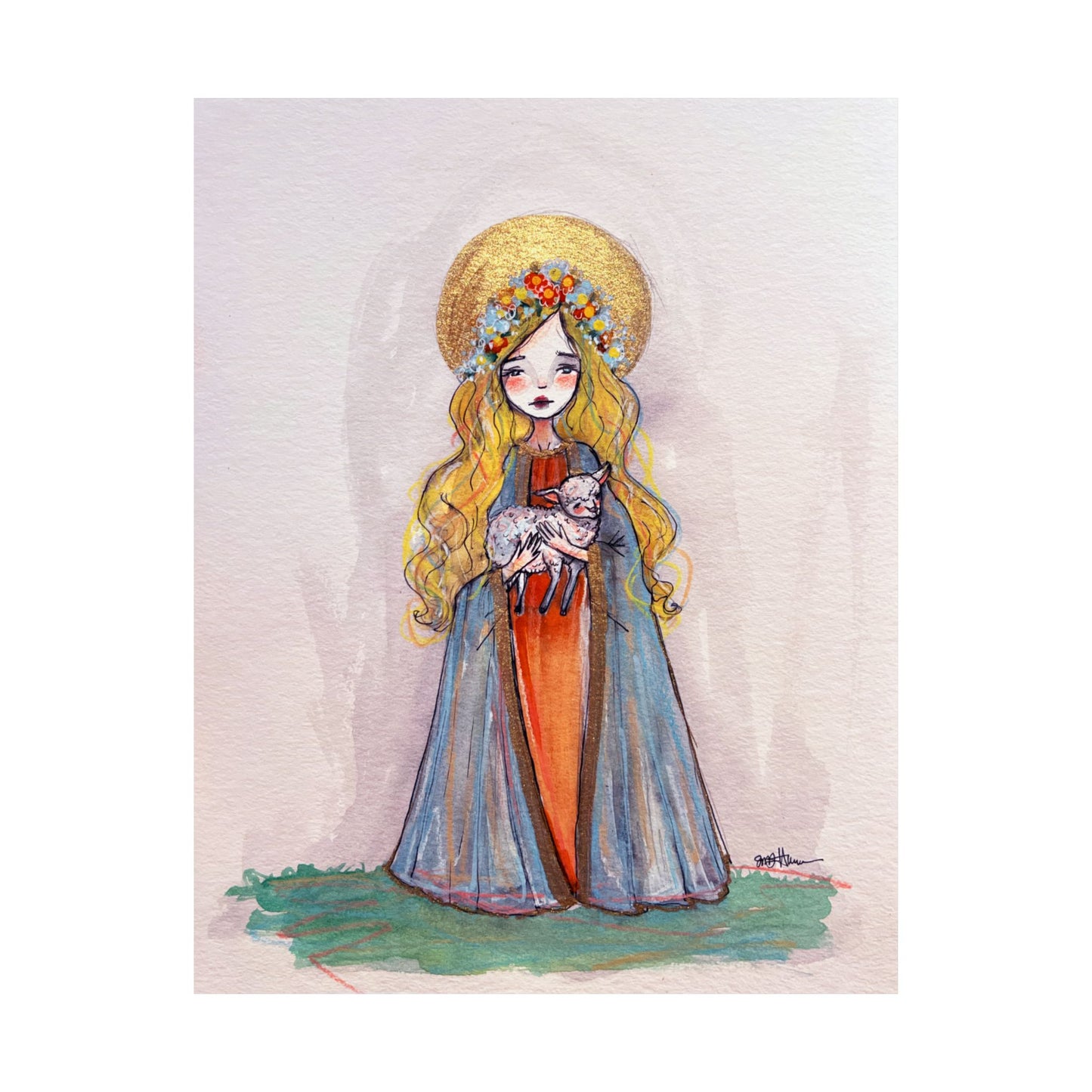 Saint Agnes of Rome Catholic Art Print | Hand-Drawn Watercolor Sacred Artwork | Christian Devotional Wall Art Religious Poster