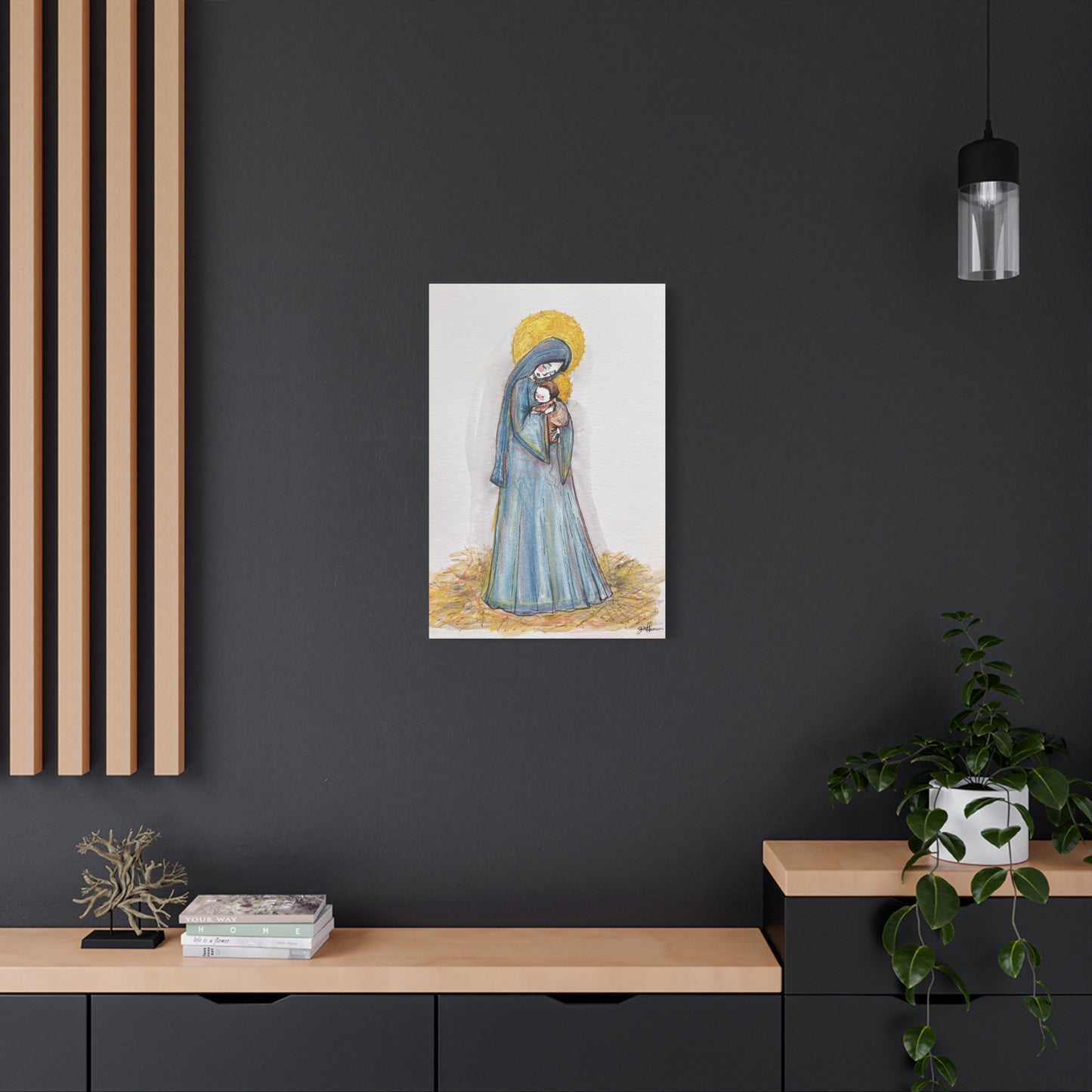 Our Lady of the Manger - Mother Mary Art - Catholic Canvas Print | Virgin Mary Sacred Art | Hand-Drawn Watercolor Christian Wall Art