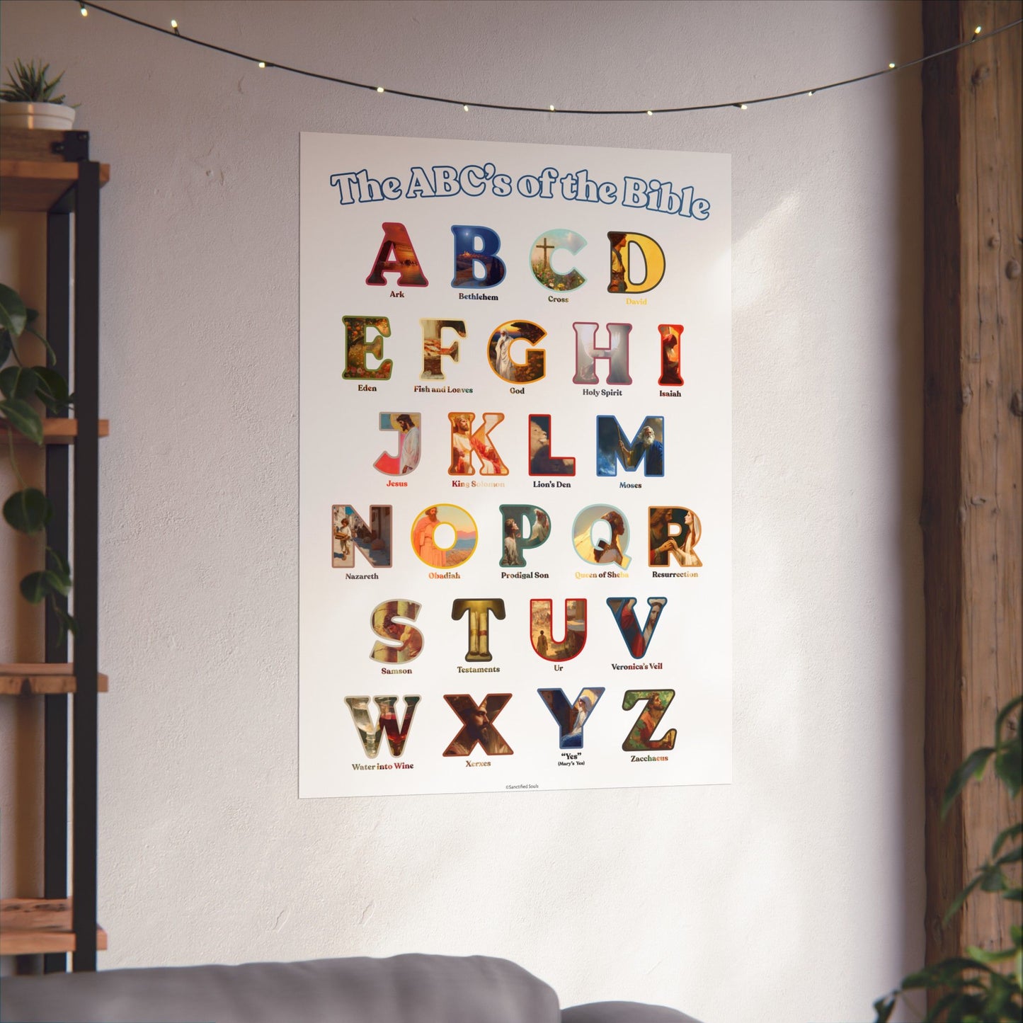 Bible ABC Poster - ABCs of the Bible Wall Art - Biblical People Places and Stories Chart - Christian Homeschool or Sunday School Decor
