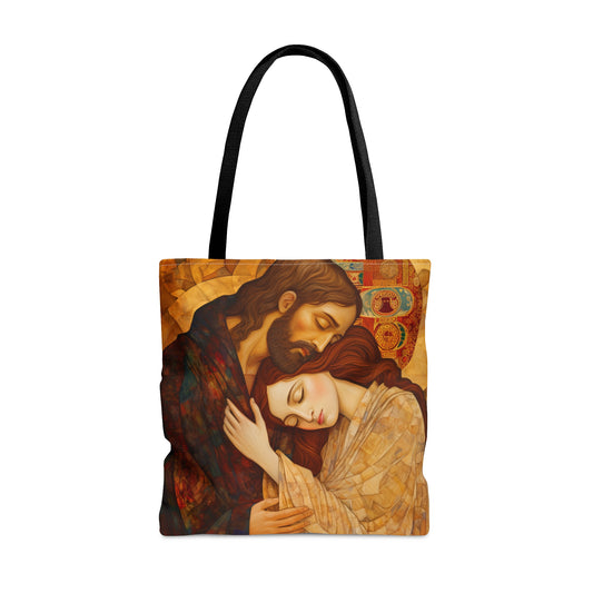 Healing Love- The Embrace of Christ and Mary Magdalene Tote Bag - Catholic faith inspired carry-all purse - Based on The Kiss by Klimt