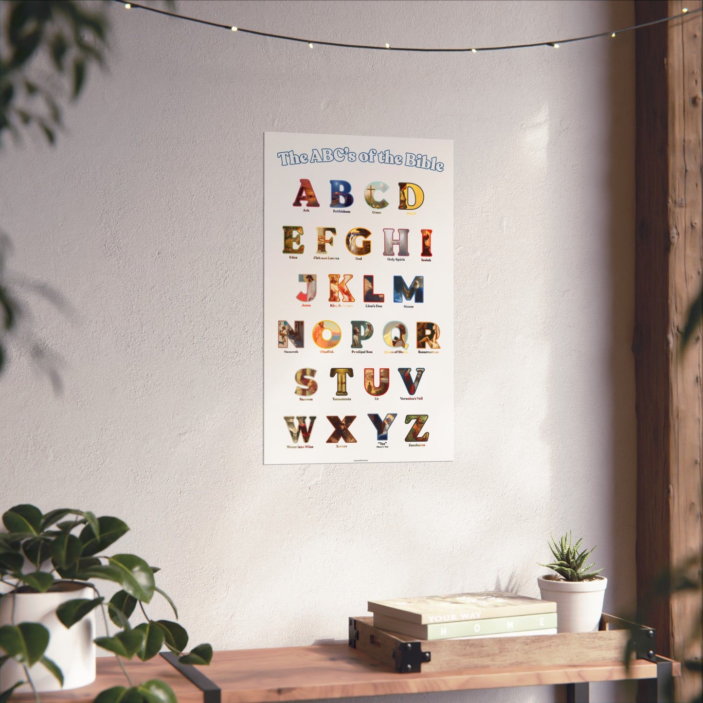 Bible ABC Poster - ABCs of the Bible Wall Art - Biblical People Places and Stories Chart - Christian Homeschool or Sunday School Decor