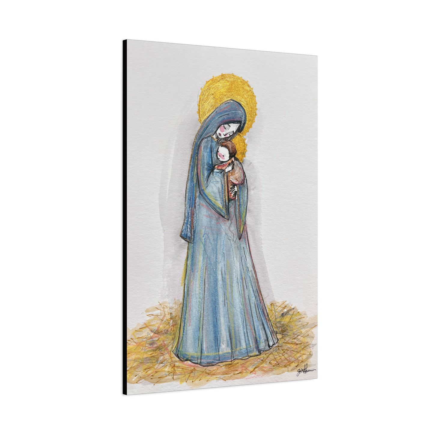Our Lady of the Manger - Mother Mary Art - Catholic Canvas Print | Virgin Mary Sacred Art | Hand-Drawn Watercolor Christian Wall Art