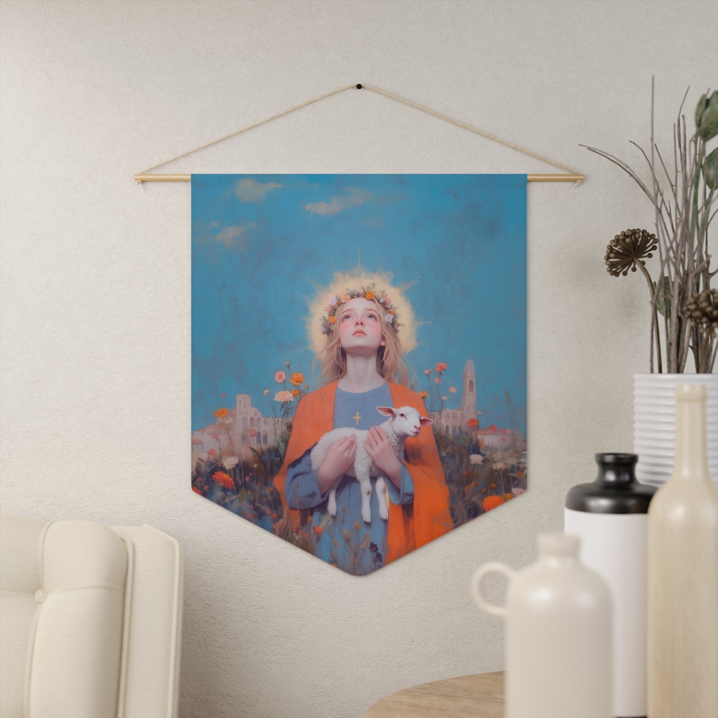 Saint Agnes of Rome Pennant / Banner / Wall Hanging - Prayer room art - 18" x 21" - Catholic - Large Banner