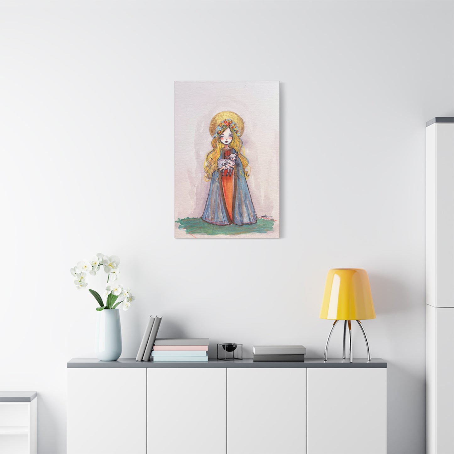 Saint Agnes of Rome Catholic Canvas Print | Christian Sacred Art | Hand-Drawn Watercolor Devotional Wall Art Religious Artwork