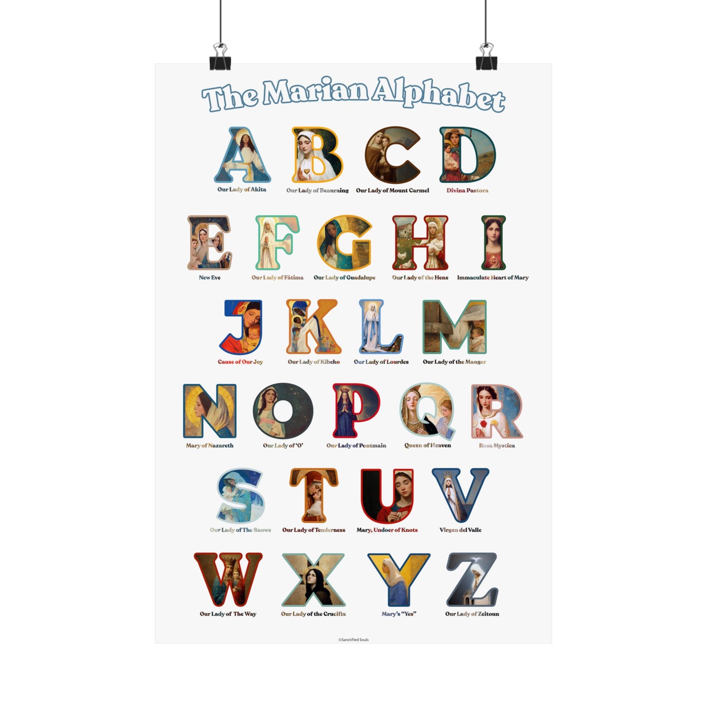 Catholic Marian Alphabet Poster - ABC Wall Art - Marian Titles Catholic Print - Catholic Nursery or Homeschool Faith Decor - Mother Mary Art