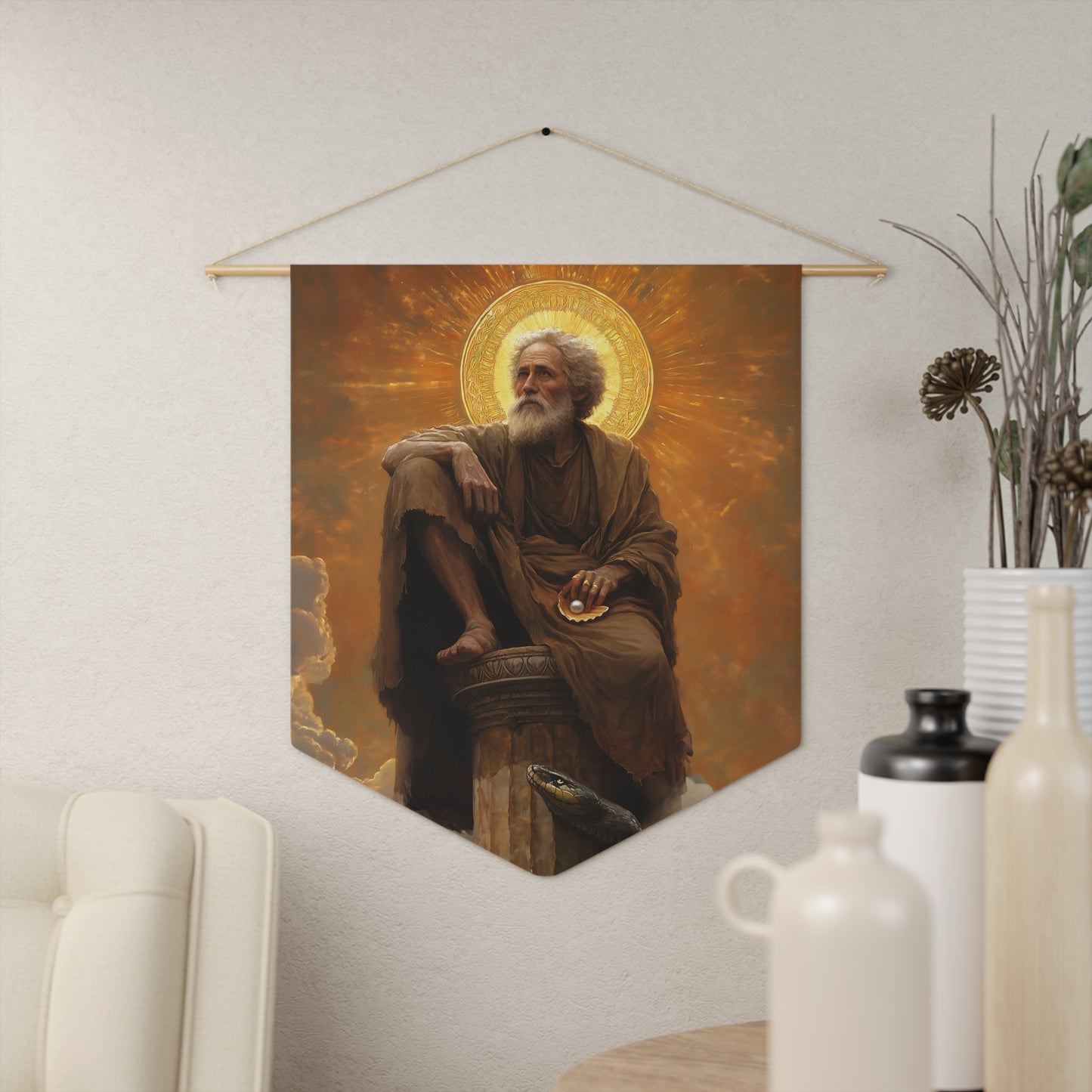Saint Simeon Stylites Pennant / Banner / Wall Hanging - Prayer room art - 18" x 21" - Catholic prayer Religious - Large Print Home Decor