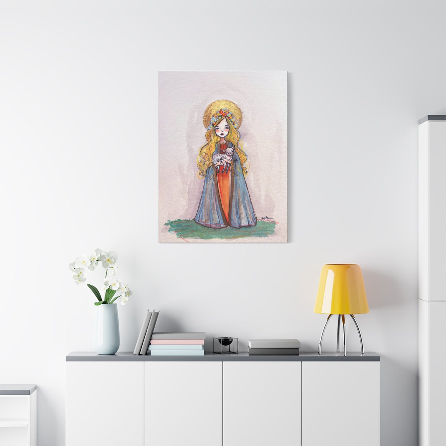 Saint Agnes of Rome Catholic Canvas Print | Christian Sacred Art | Hand-Drawn Watercolor Devotional Wall Art Religious Artwork