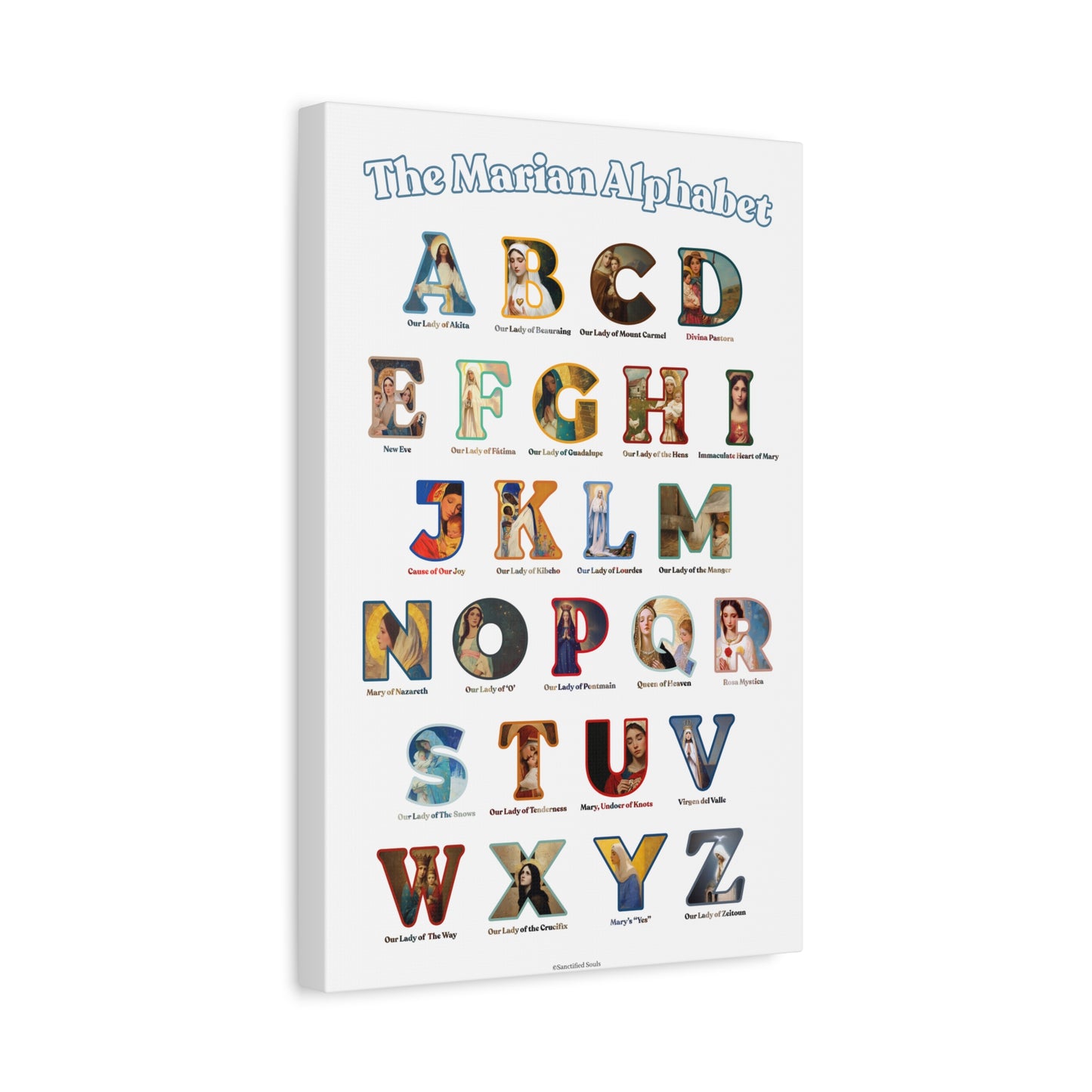 Catholic Marian Alphabet ABC Canvas - Full Alphabet Large Canvas - Catholic ABC Mary - Marian Titles - Catholic Nursery / Homeschool