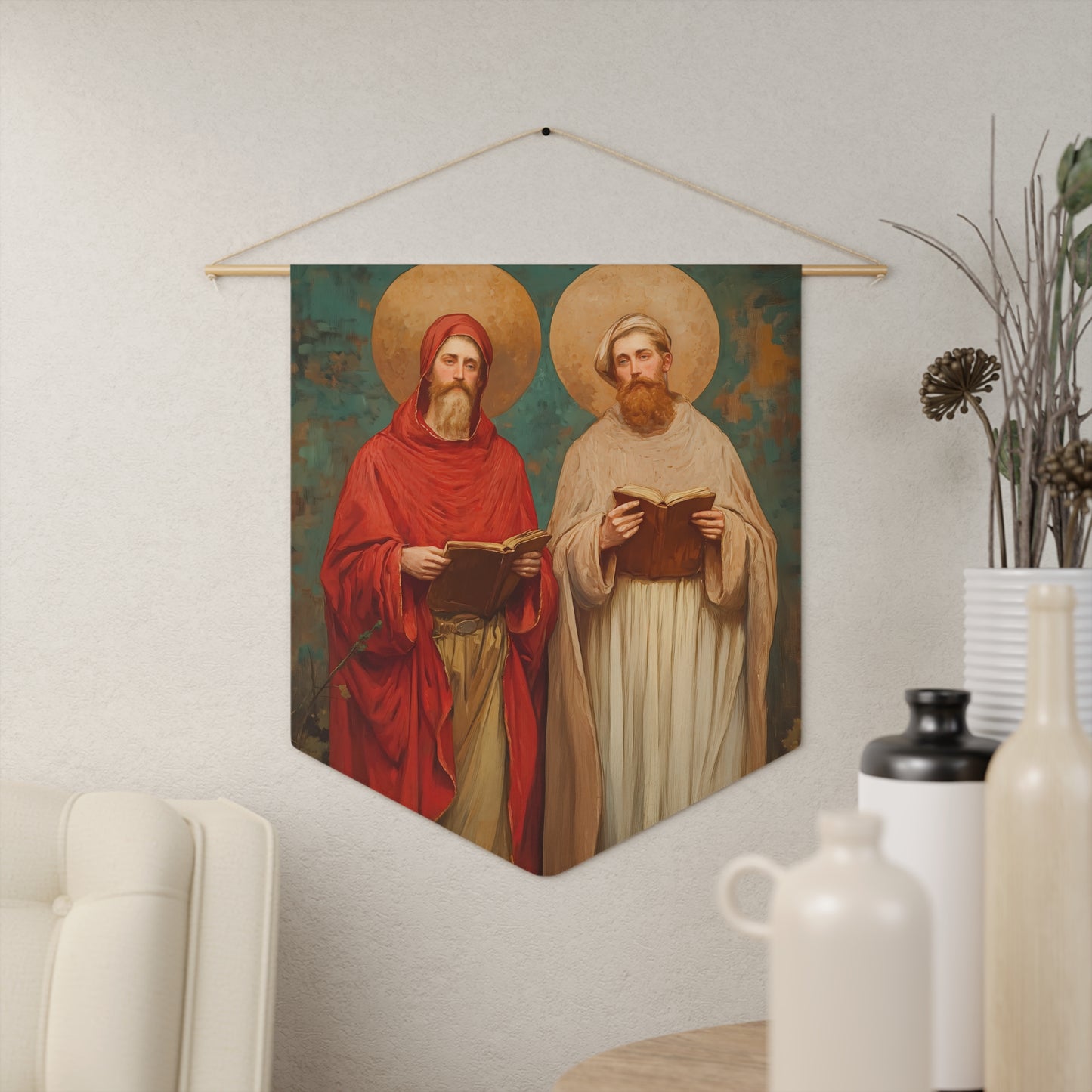 Saints Cosmas and Damian Pennant / Banner / Wall Hanging - Prayer room art - 18" x 21" - Catholic - Large Banner - Catholic