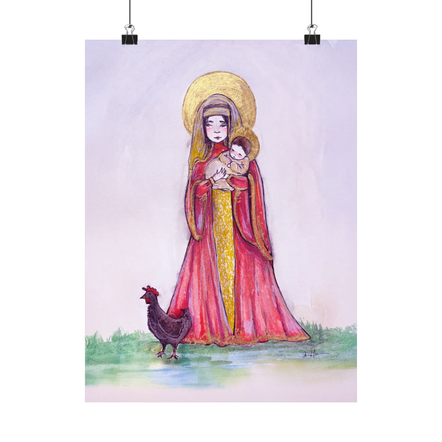 Our Lady of the Hens Catholic Art Print | Hand-Drawn Watercolor Virgin Mary Artwork | Christian Devotional Marian Wall Art