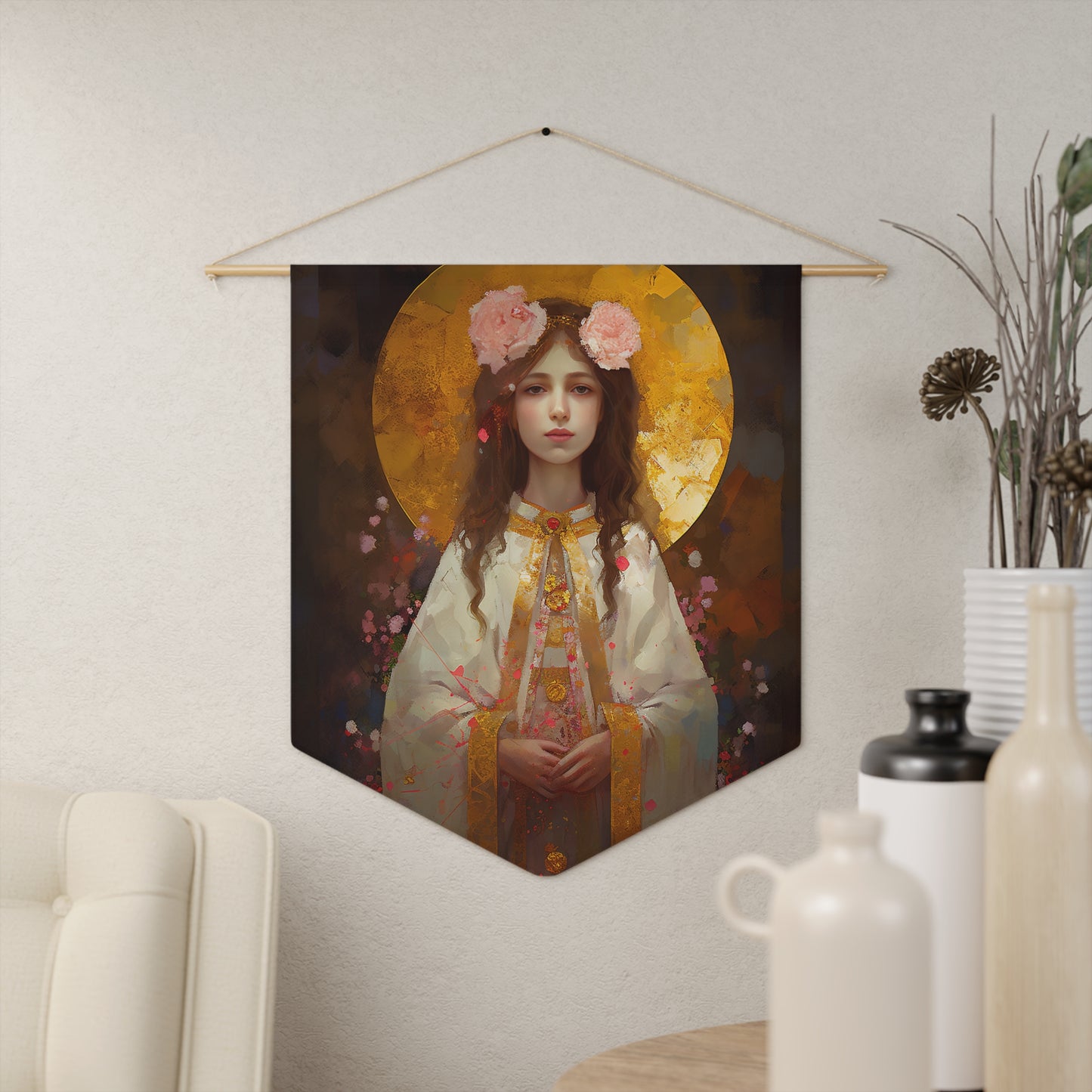 Saint Philomena Wall Banner / Wall Hanging - Unique Religious Art for your home - Prayer room - Catholic Home Art - 18" x 21"