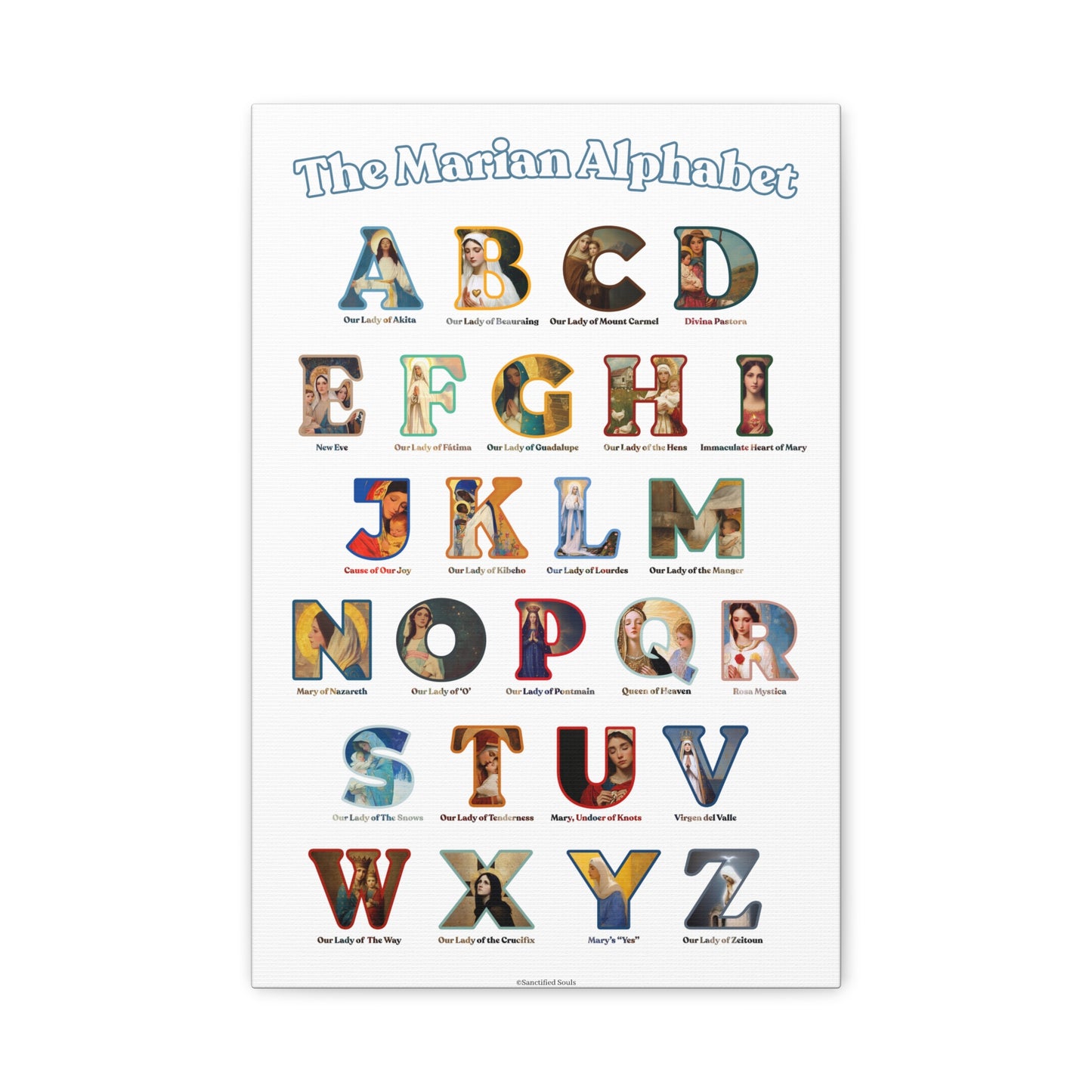 Catholic Marian Alphabet ABC Canvas - Full Alphabet Large Canvas - Catholic ABC Mary - Marian Titles - Catholic Nursery / Homeschool