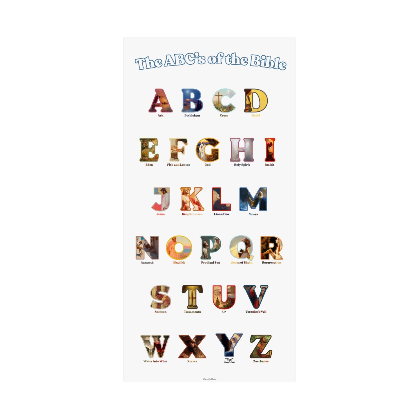 Bible ABC Poster - ABCs of the Bible Wall Art - Biblical People Places and Stories Chart - Christian Homeschool or Sunday School Decor