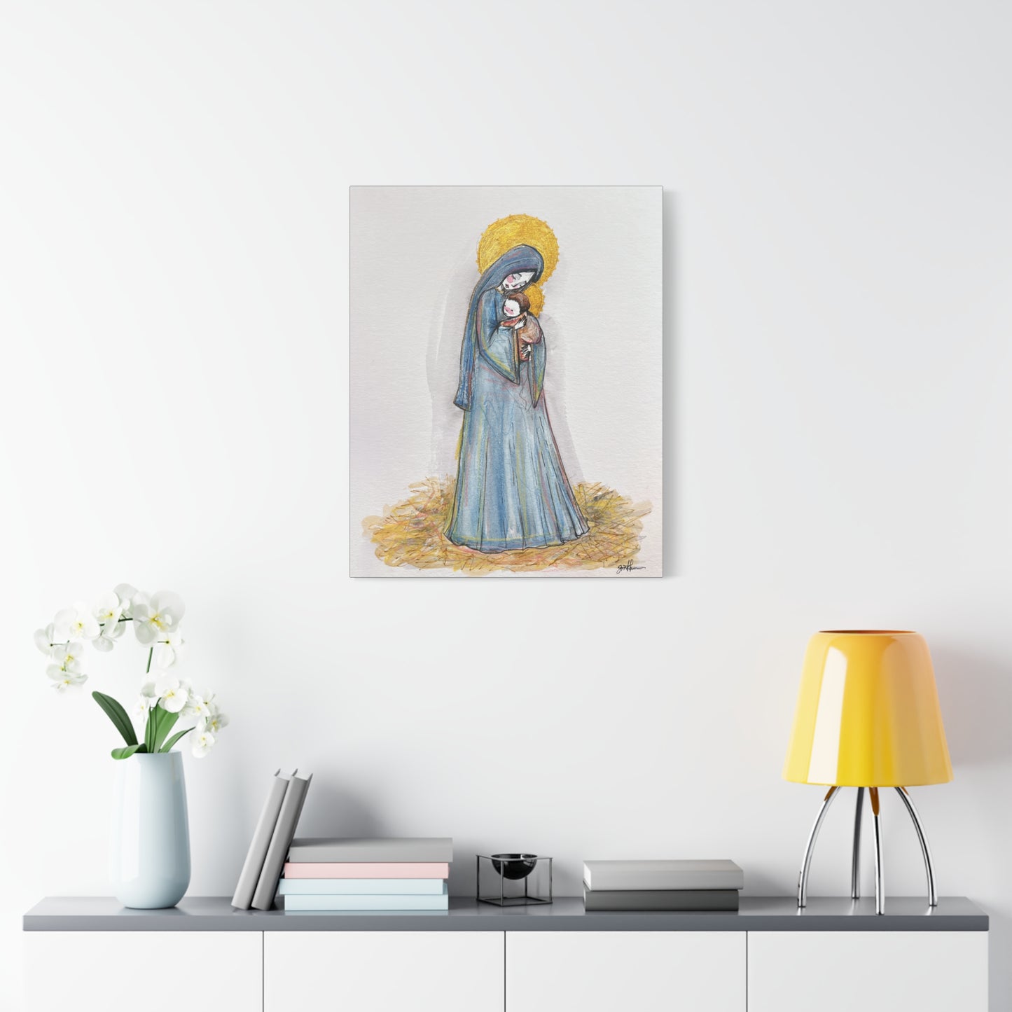 Our Lady of the Manger - Mother Mary Art - Catholic Canvas Print | Virgin Mary Sacred Art | Hand-Drawn Watercolor Christian Wall Art