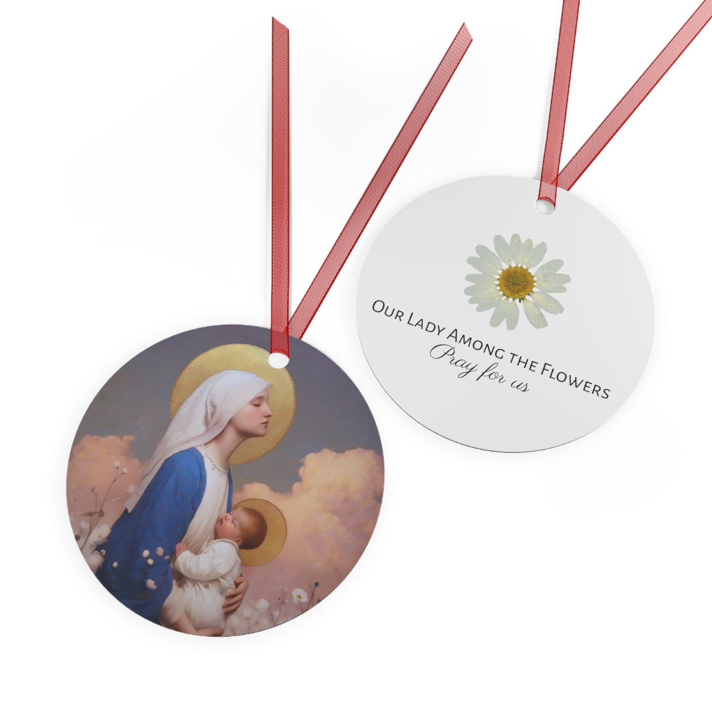 Our Lady Among the Flowers Metal Ornament - Religious Holiday Christmas Ornament and Keepsake - Prayer Ornament - Catholic Gift
