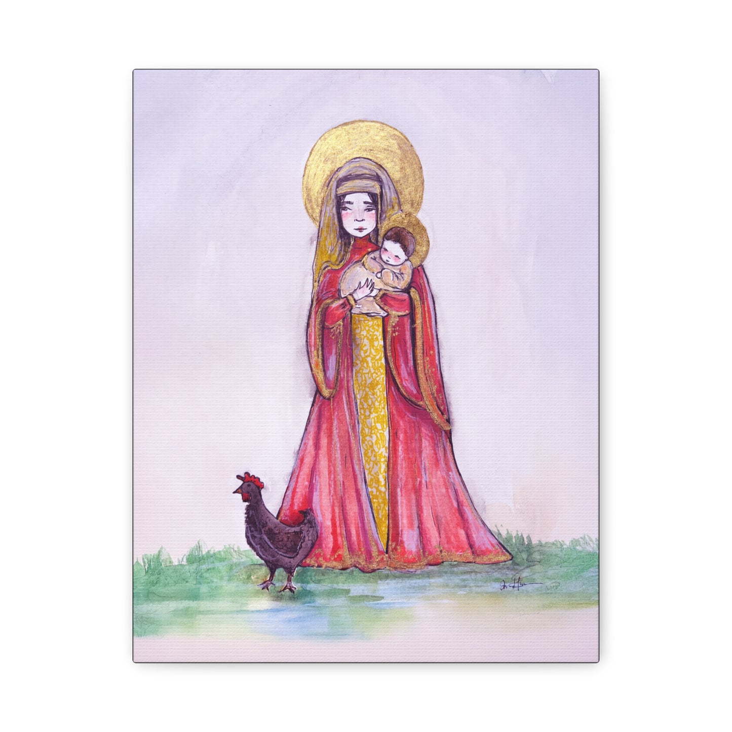 Our Lady of the Hens Catholic Canvas Print | Virgin Mary and Child Sacred Art | Hand-Drawn Watercolor Marian Wall Art