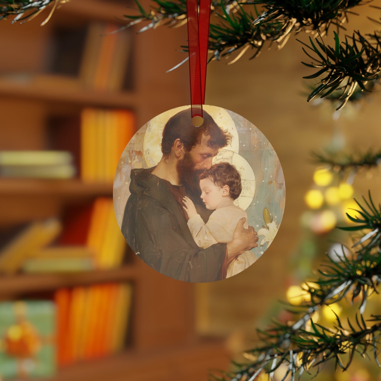 Saint Joseph and the Christ Child Metal Ornament - Religious Holiday Christmas Ornament and Keepsake - Double sided - Prayer Ornament