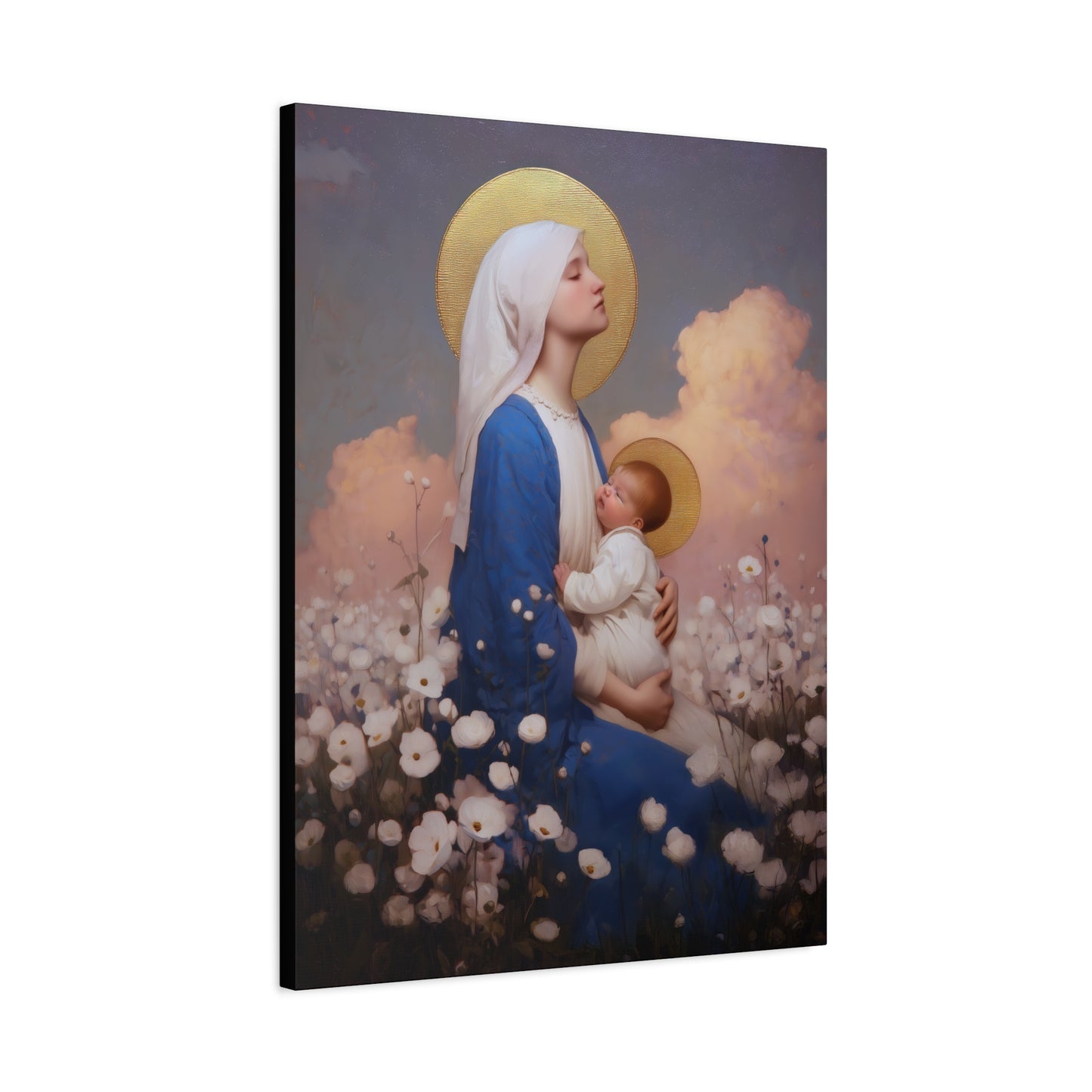 Mother Mary - Our Lady Among the Flowers -  Museum Wrapped Canvas - Sanctified Souls Print - Religious Art for your Home - Catholic Mother Mary Art
