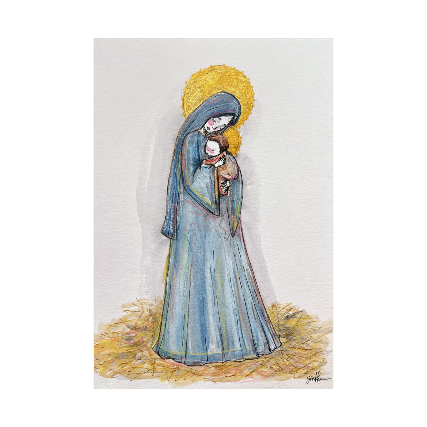 Our Lady of the Manger Catholic Art Print | Hand-Drawn Watercolor Virgin Mary Artwork | Christian Devotional Wall Art