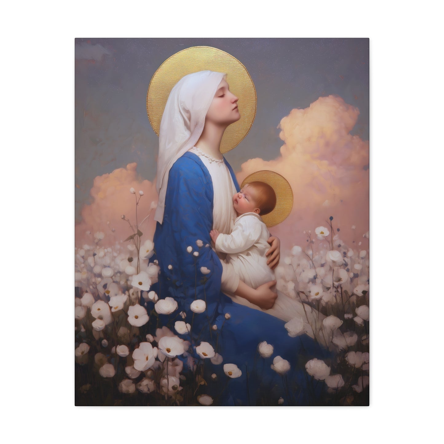 Mother Mary - Our Lady Among the Flowers -  Museum Wrapped Canvas - Sanctified Souls Print - Religious Art for your Home - Catholic Mother Mary Art