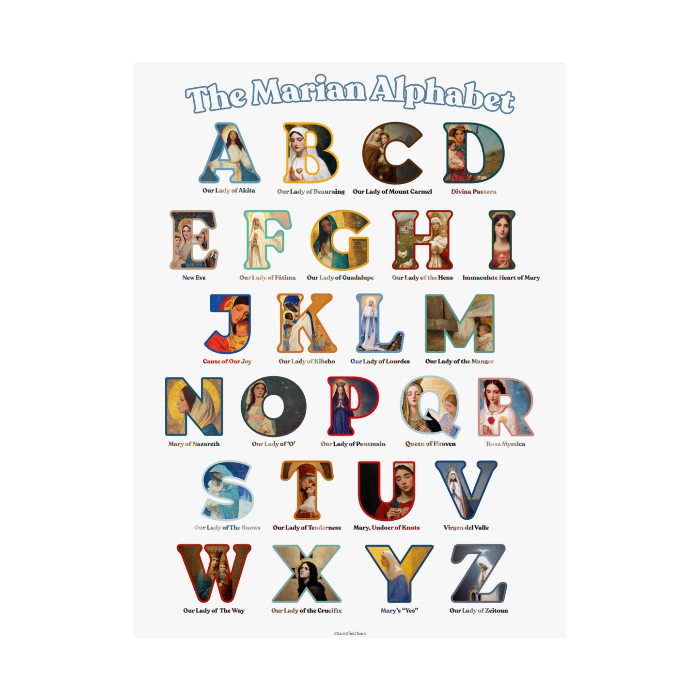 Catholic Marian Alphabet Poster - ABC Wall Art - Marian Titles Catholic Print - Catholic Nursery or Homeschool Faith Decor - Mother Mary Art