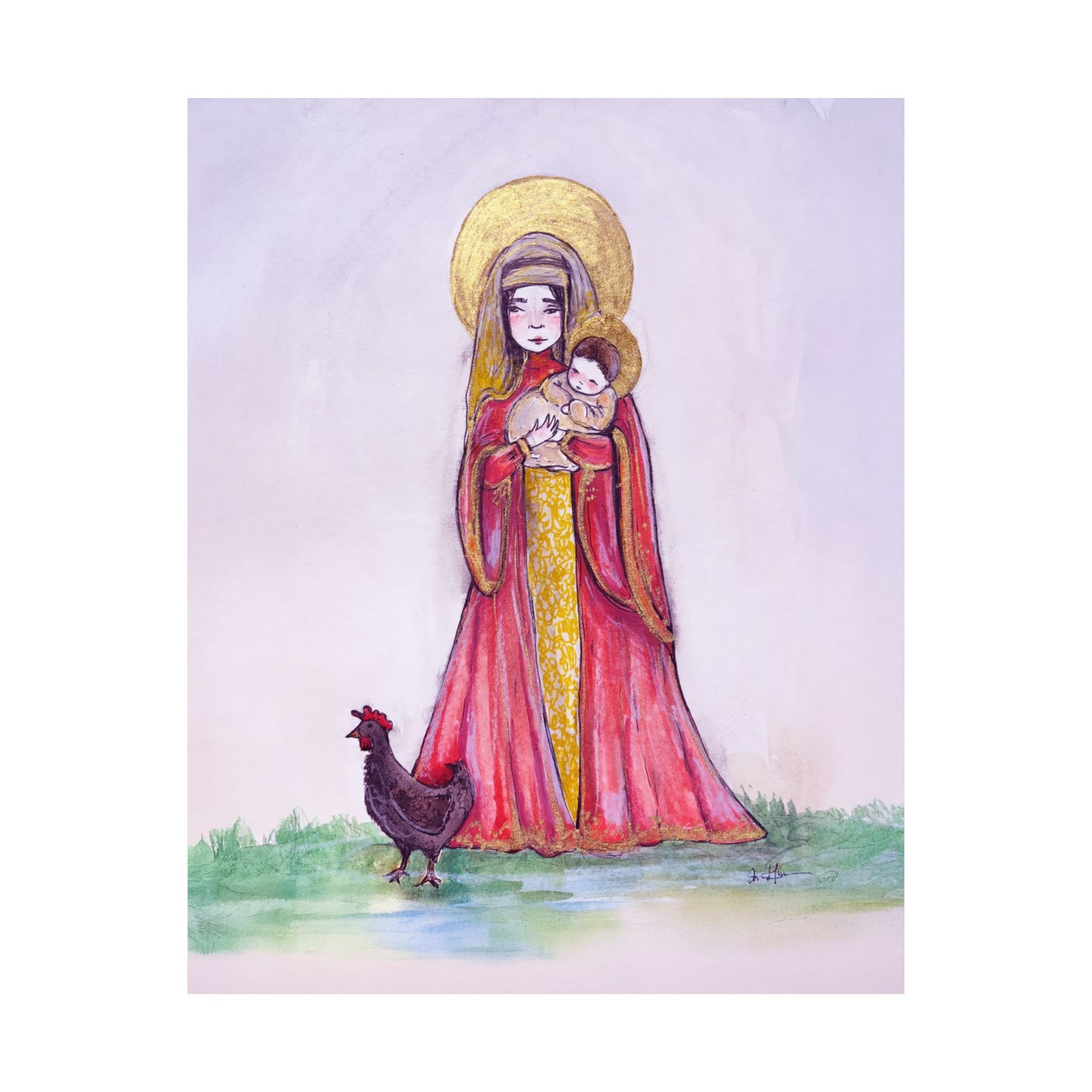 Our Lady of the Hens Catholic Art Print | Hand-Drawn Watercolor Virgin Mary Artwork | Christian Devotional Marian Wall Art