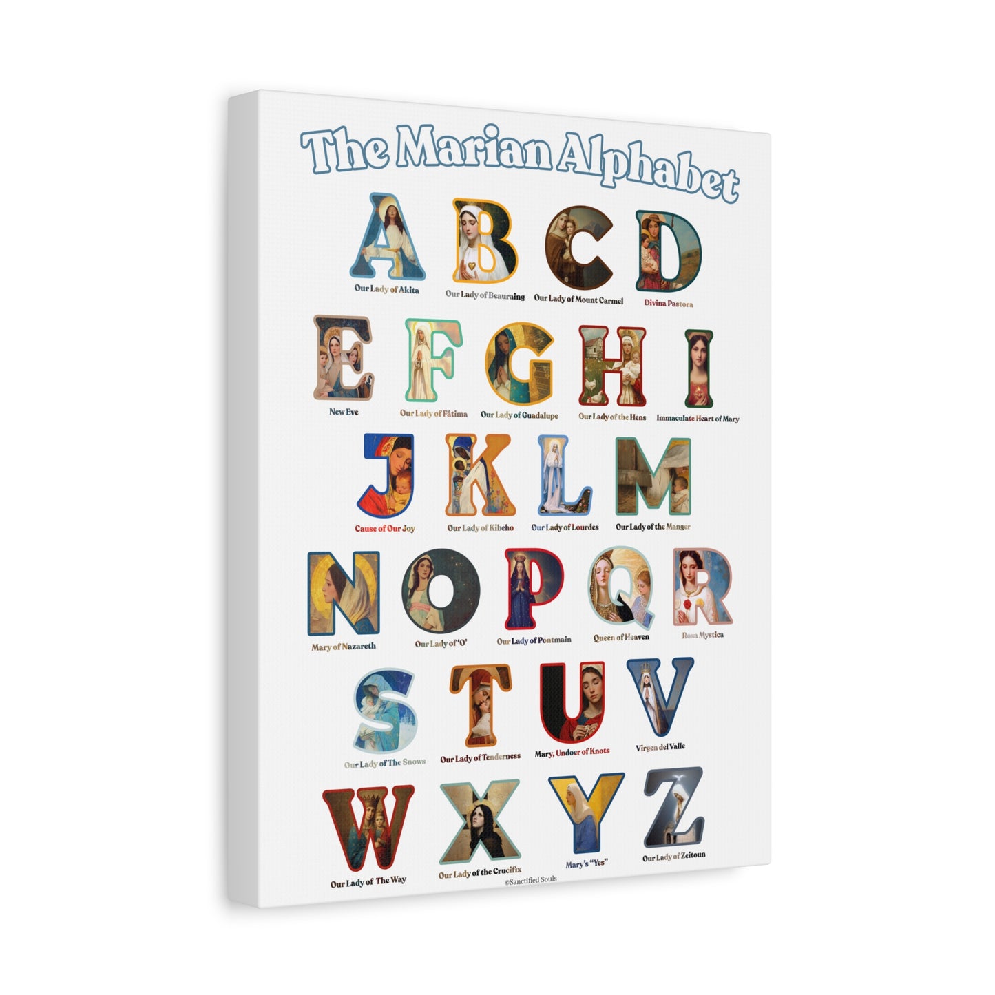 Catholic Marian Alphabet ABC Canvas - Full Alphabet Large Canvas - Catholic ABC Mary - Marian Titles - Catholic Nursery / Homeschool