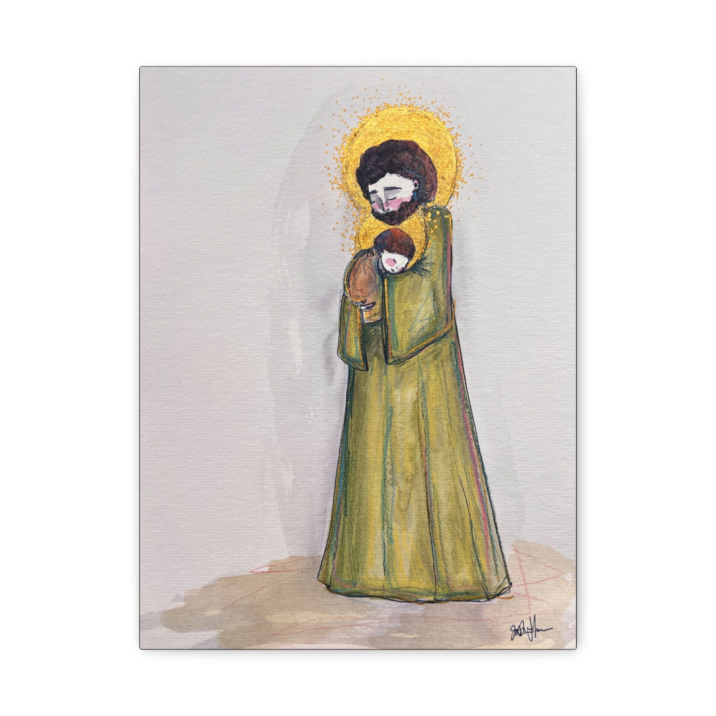 Saint Joseph and Child Jesus Catholic Canvas Print | Hand-Drawn Watercolor Sacred Art | Christian Devotional Wall Art