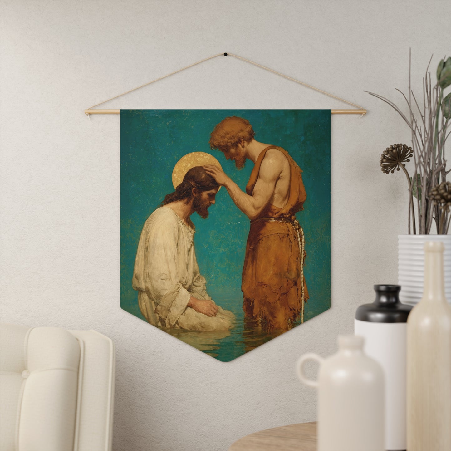 Saint John the Baptist, The Prophet and the Promise - Pennant / Banner / Wall Hanging - Prayer room art - Catholic Home - 18" x 21"