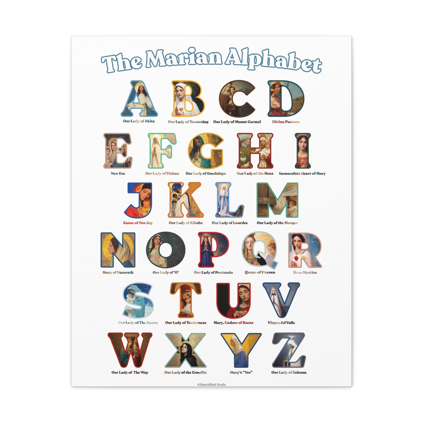Catholic Marian Alphabet ABC Canvas - Full Alphabet Large Canvas - Catholic ABC Mary - Marian Titles - Catholic Nursery / Homeschool