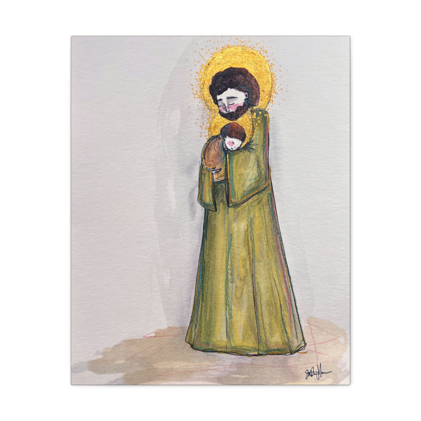 Saint Joseph and Child Jesus Catholic Canvas Print | Hand-Drawn Watercolor Sacred Art | Christian Devotional Wall Art