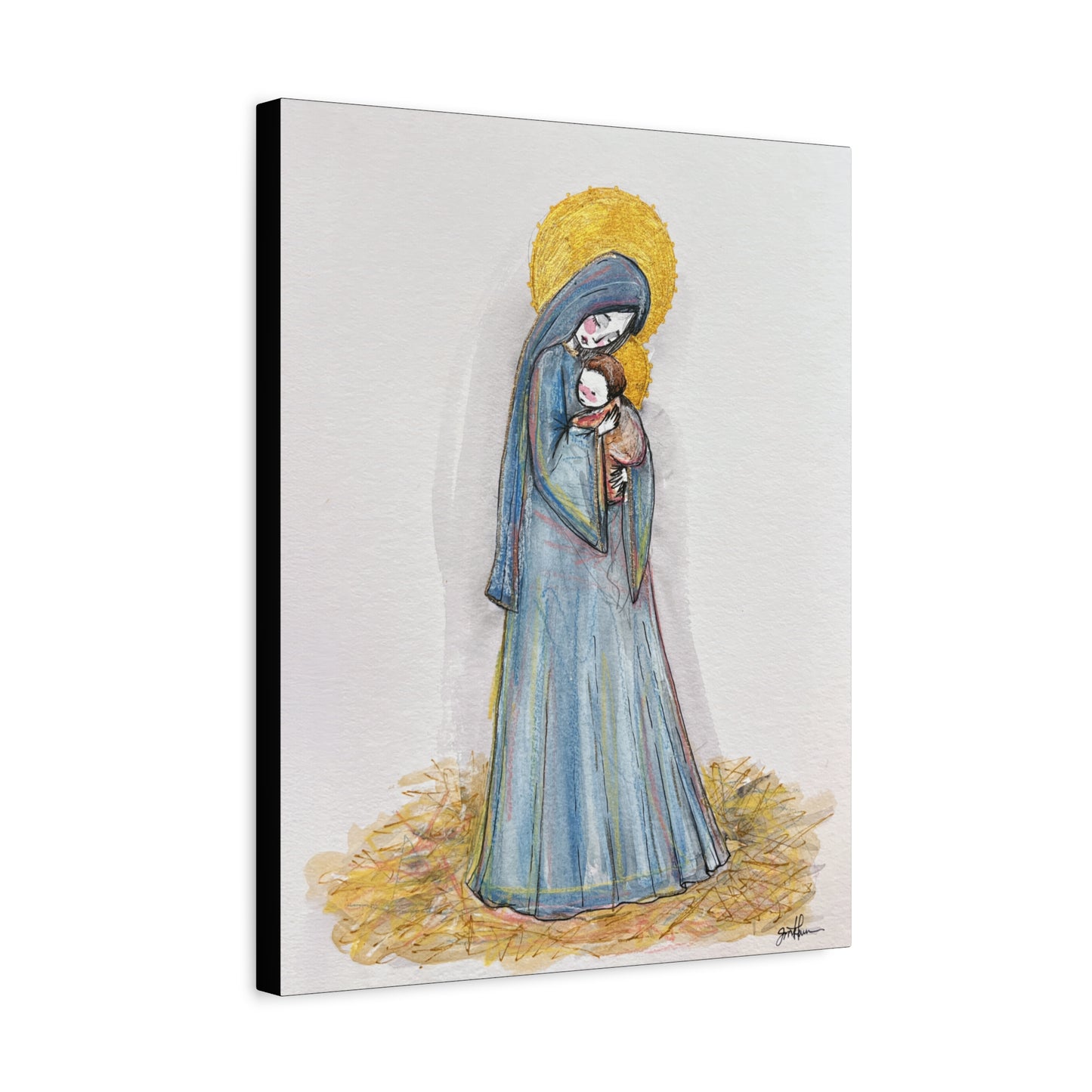 Our Lady of the Manger - Mother Mary Art - Catholic Canvas Print | Virgin Mary Sacred Art | Hand-Drawn Watercolor Christian Wall Art