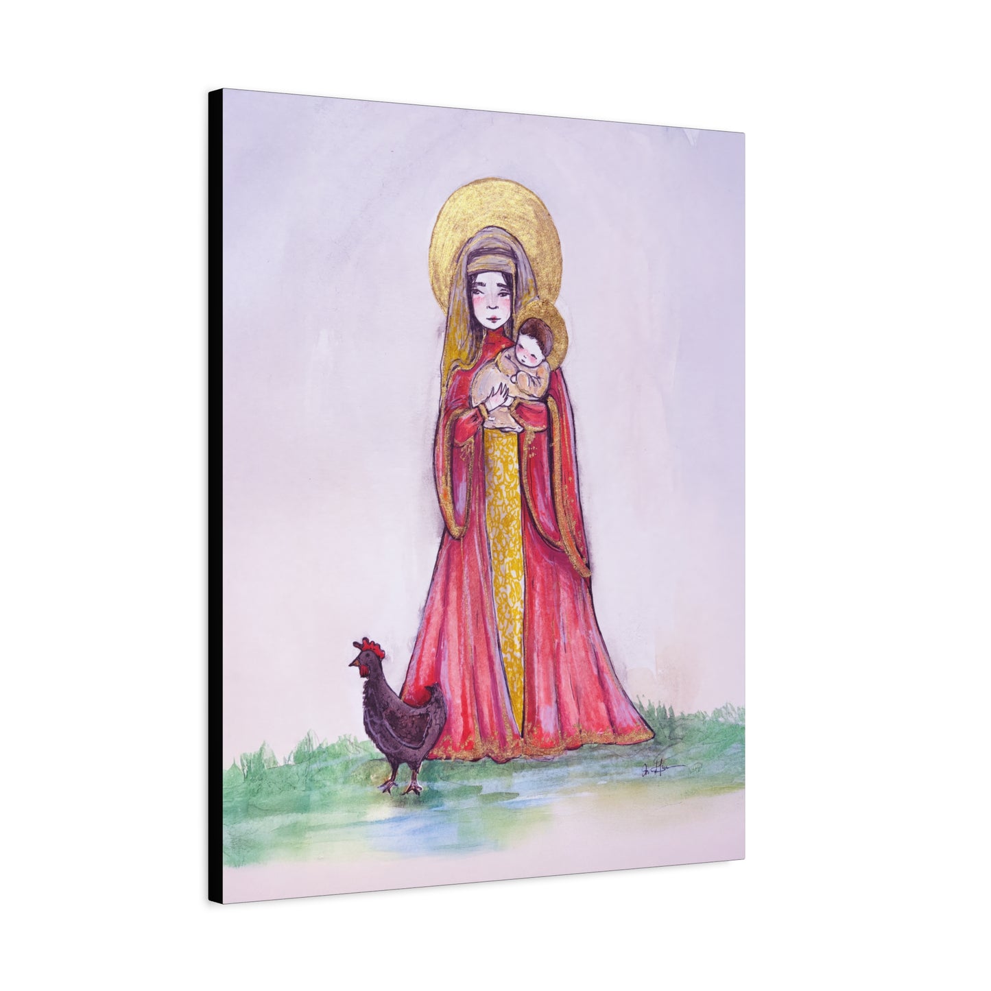 Our Lady of the Hens Catholic Canvas Print | Virgin Mary and Child Sacred Art | Hand-Drawn Watercolor Marian Wall Art