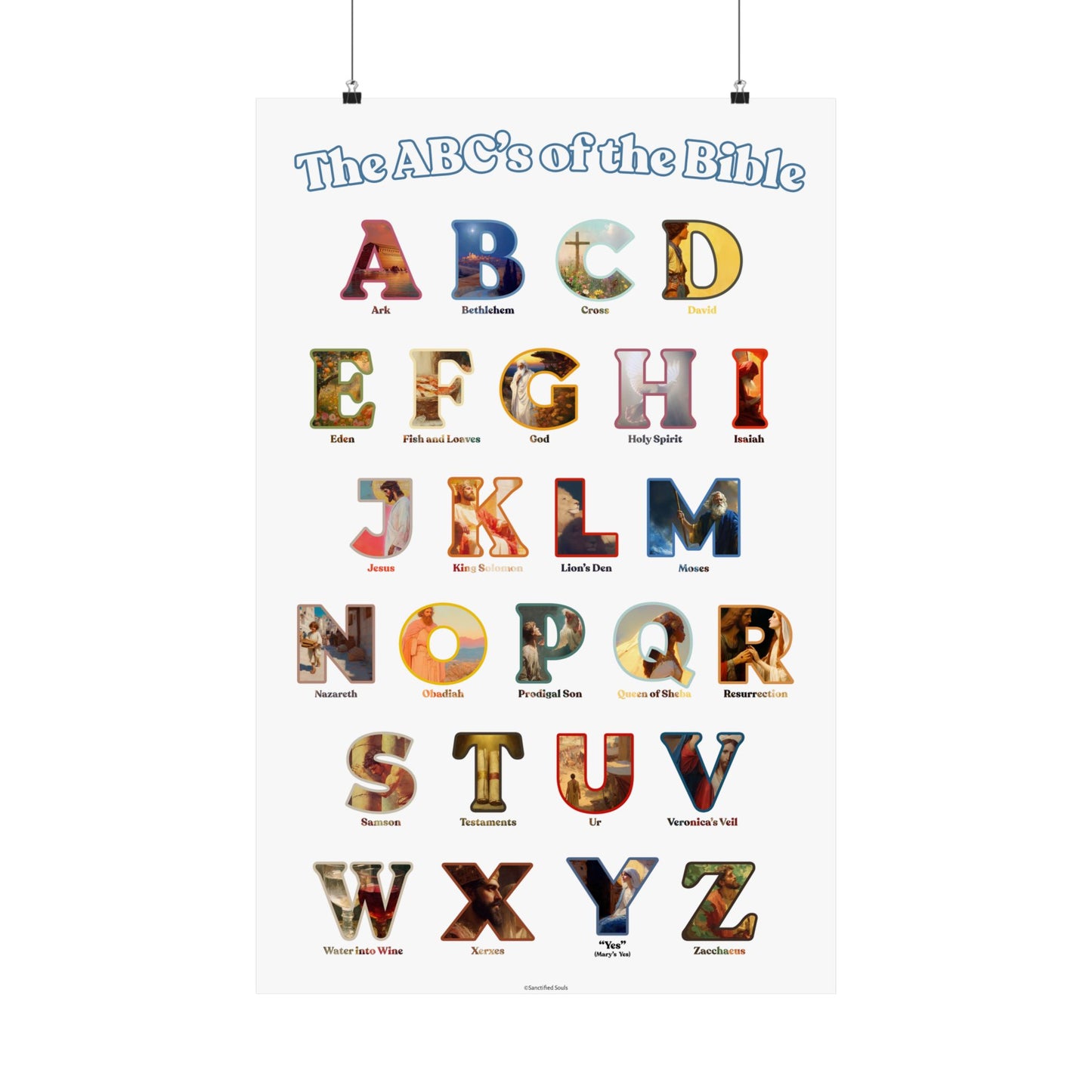 Bible ABC Poster - ABCs of the Bible Wall Art - Biblical People Places and Stories Chart - Christian Homeschool or Sunday School Decor
