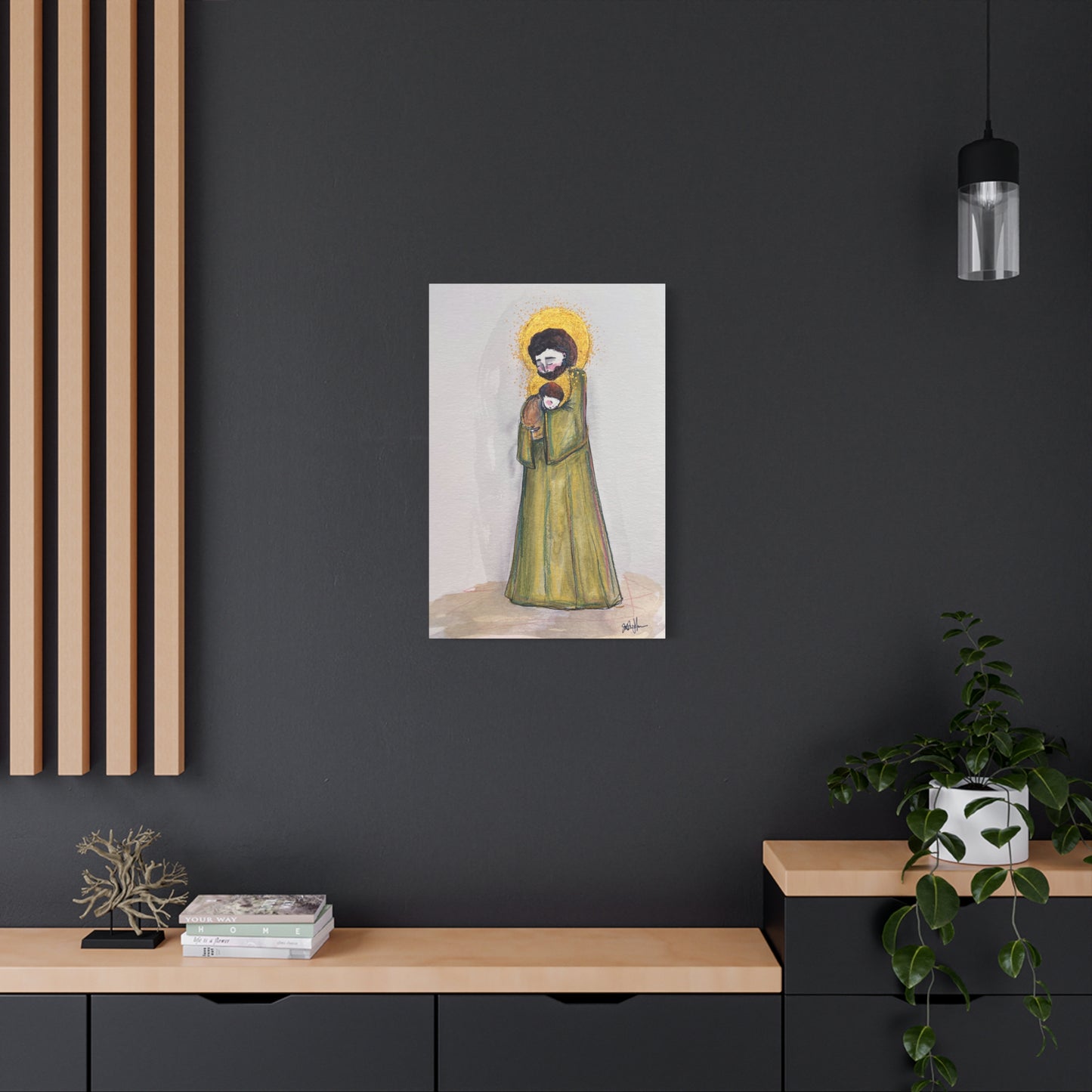 Saint Joseph and Child Jesus Catholic Canvas Print | Hand-Drawn Watercolor Sacred Art | Christian Devotional Wall Art