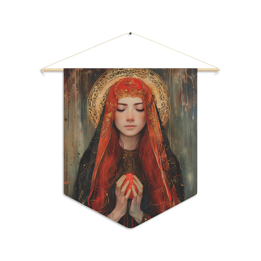 Devotion of Mary Magdalene - Saint Mary Magdalene and the Red Easter Egg Pennant / Banner / Wall Hanging - Prayer room art - 18" x 21"