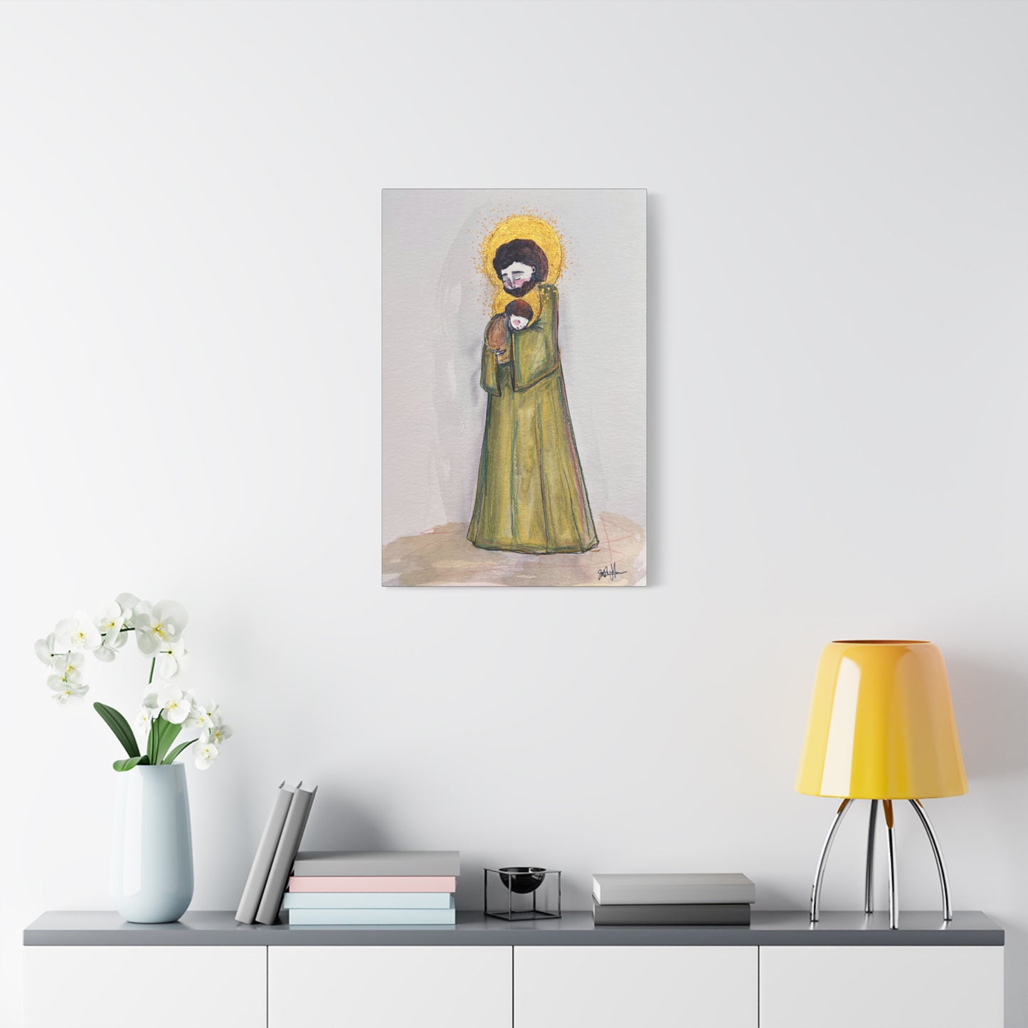 Saint Joseph and Child Jesus Catholic Canvas Print | Hand-Drawn Watercolor Sacred Art | Christian Devotional Wall Art