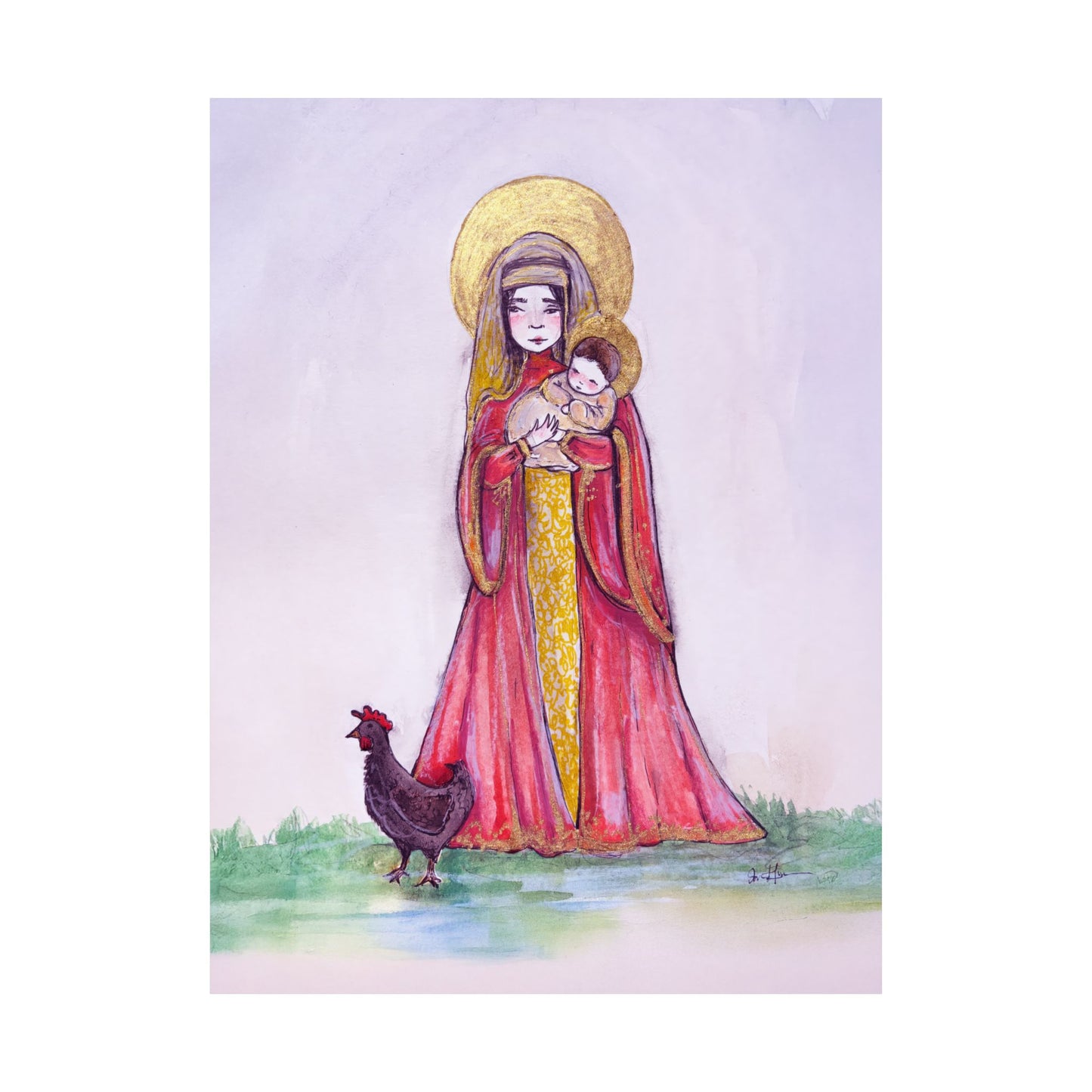 Our Lady of the Hens Catholic Art Print | Hand-Drawn Watercolor Virgin Mary Artwork | Christian Devotional Marian Wall Art
