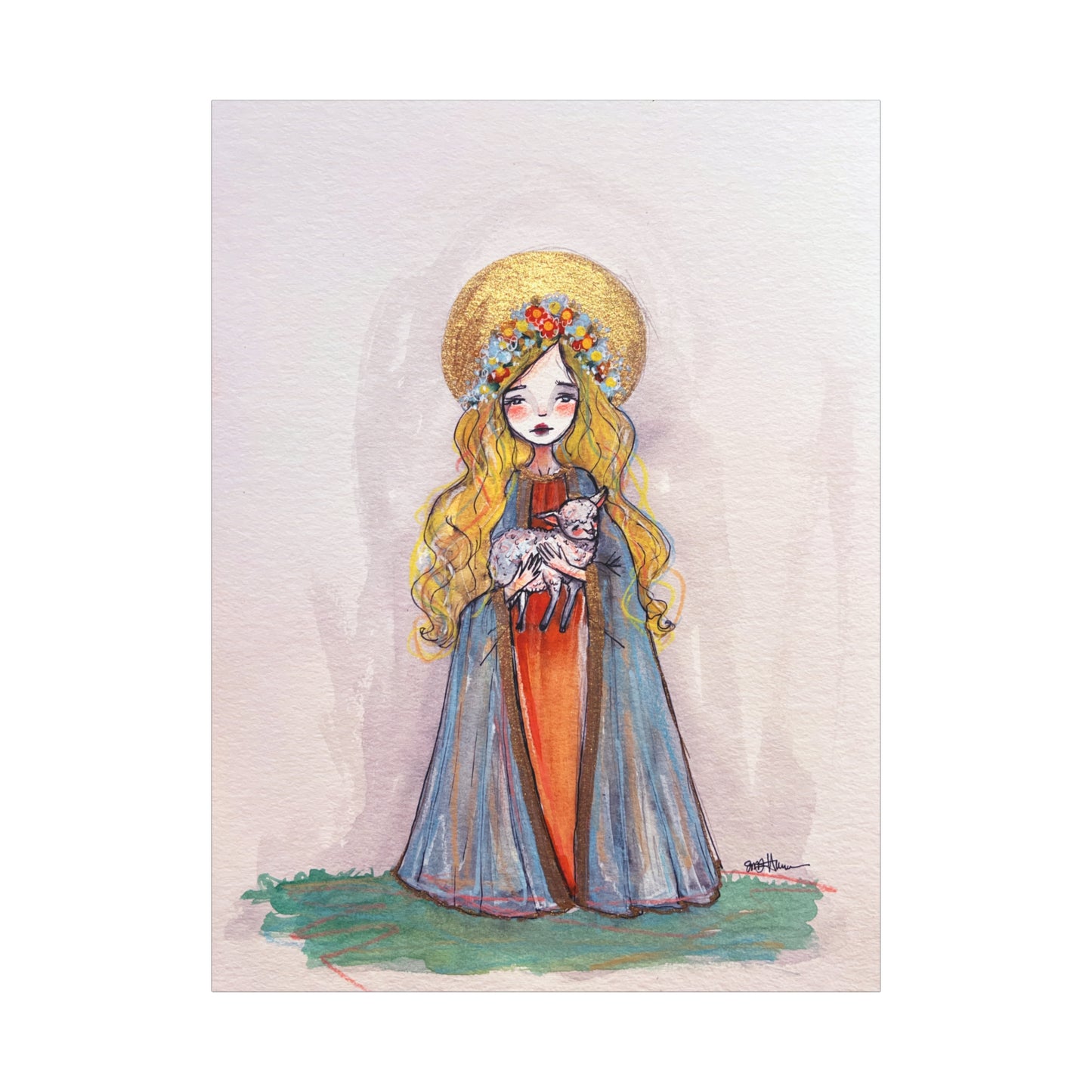 Saint Agnes of Rome Catholic Canvas Print | Christian Sacred Art | Hand-Drawn Watercolor Devotional Wall Art Religious Artwork