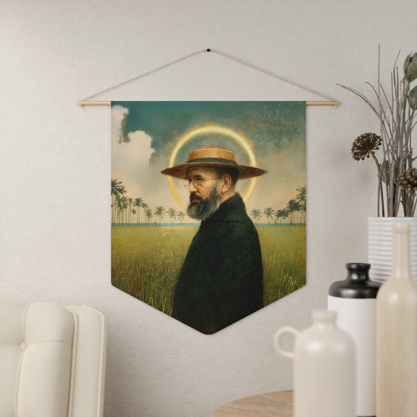Saint Damien of Molokai Pennant / Banner / Wall Hanging - Prayer room art - Catholic Home - 18" x 21"