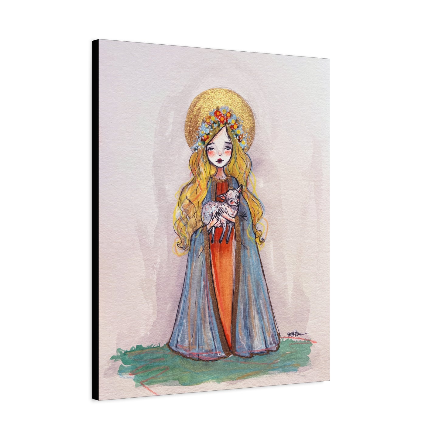 Saint Agnes of Rome Catholic Canvas Print | Christian Sacred Art | Hand-Drawn Watercolor Devotional Wall Art Religious Artwork