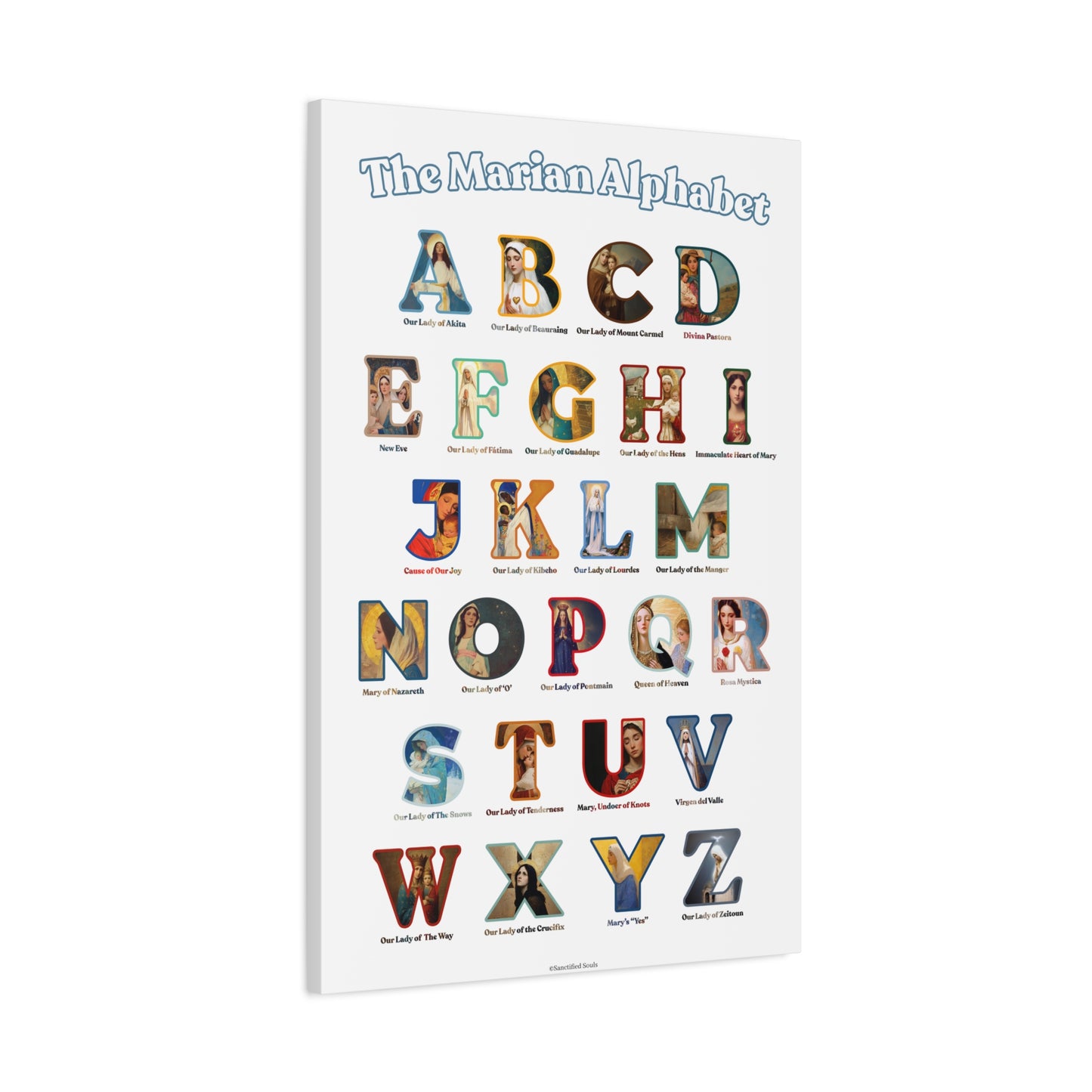 Catholic Marian Alphabet ABC Canvas - Full Alphabet Large Canvas - Catholic ABC Mary - Marian Titles - Catholic Nursery / Homeschool