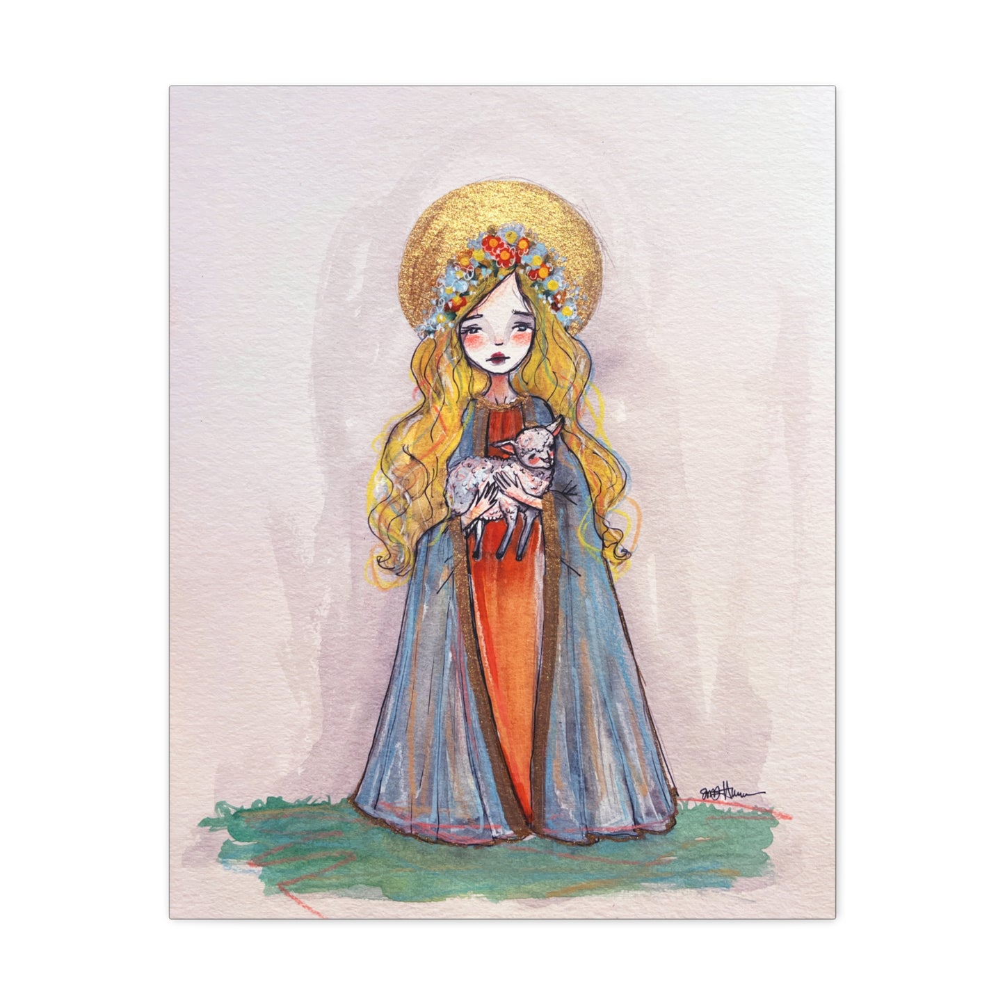 Saint Agnes of Rome Catholic Canvas Print | Christian Sacred Art | Hand-Drawn Watercolor Devotional Wall Art Religious Artwork