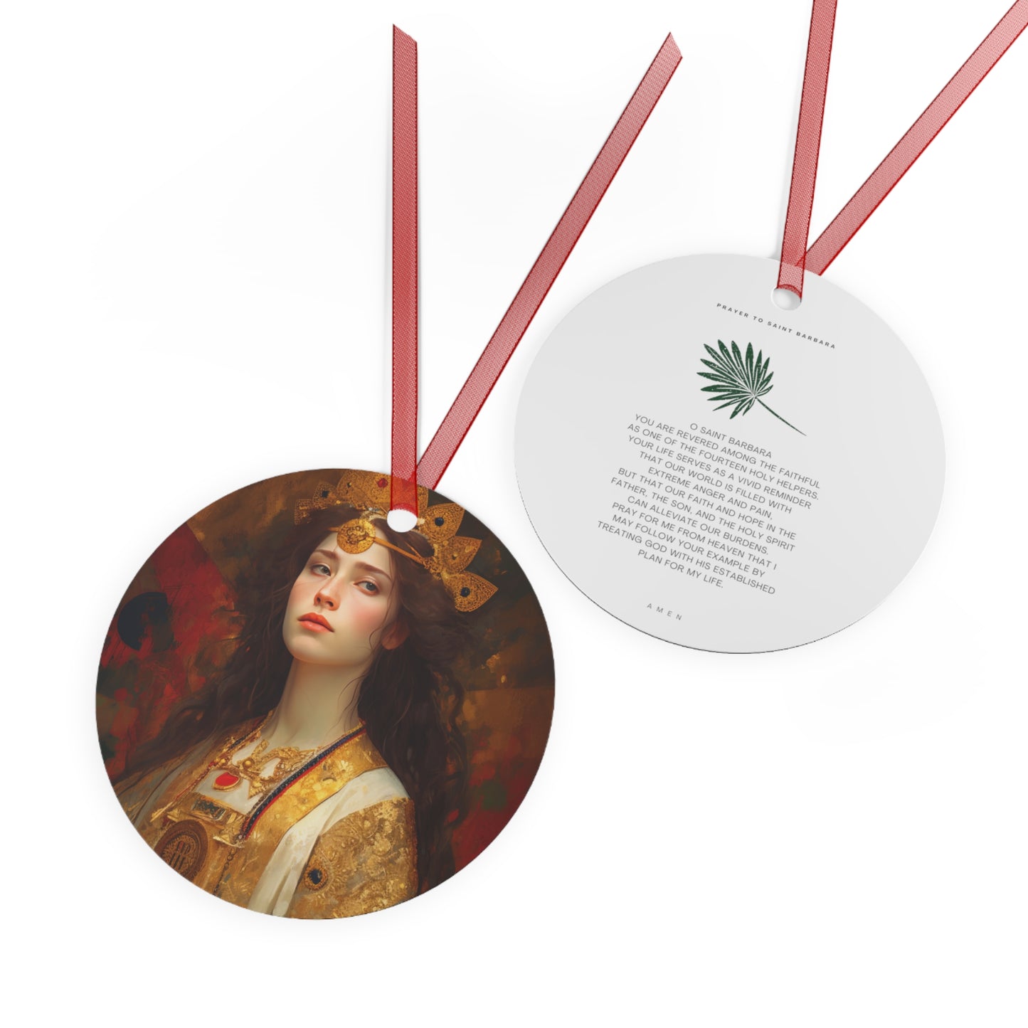 Saint Barbara Metal Ornament - Religious Holiday Christmas Ornament and Keepsake - Double sided - Prayer Ornament