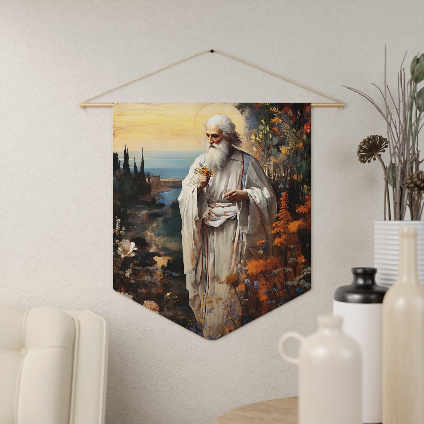 God's Footsteps in Eden Wall Banner / Wall Hanging - Prayer room art - Catholic Home Art - Large Saint Art - 18" x 21"