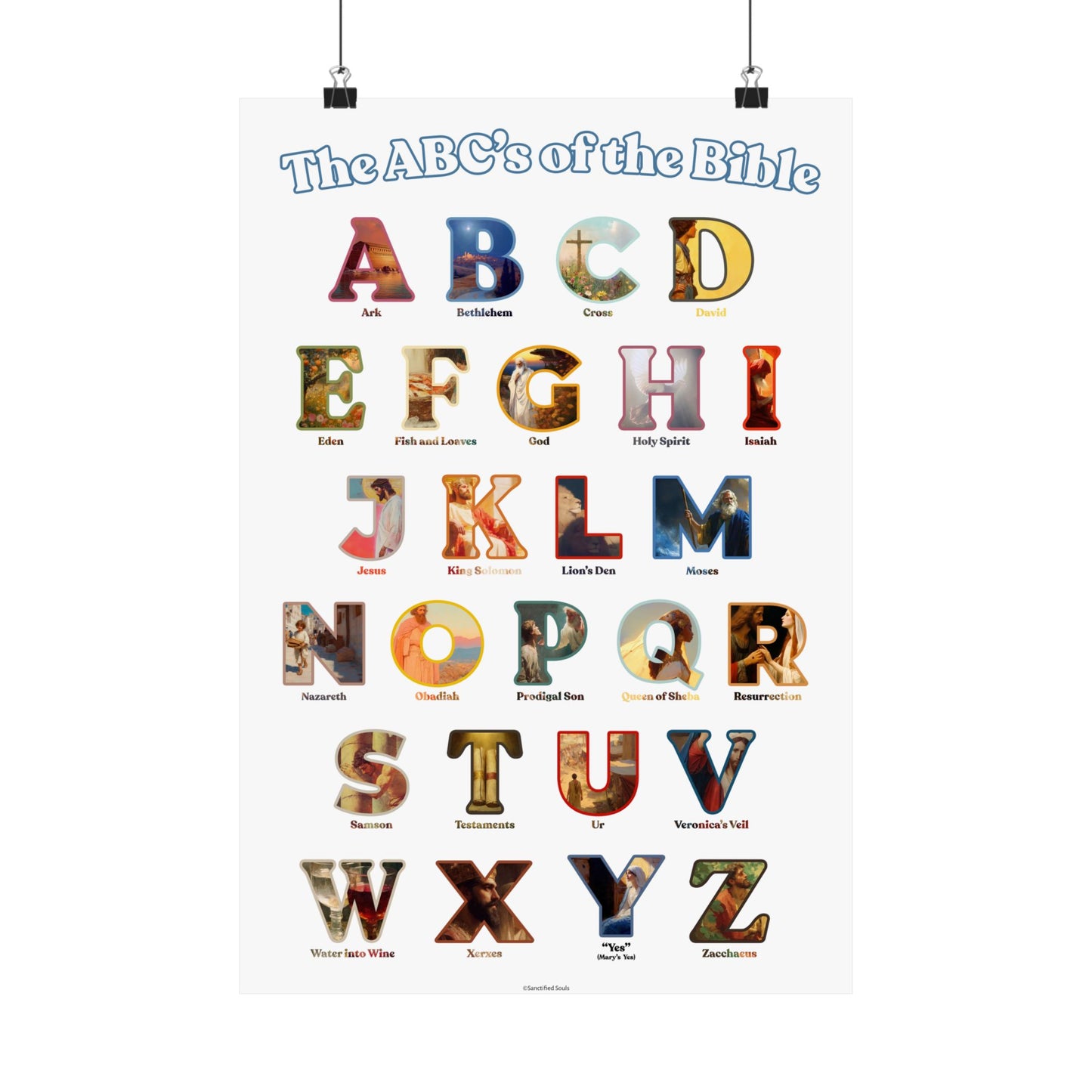 Bible ABC Poster - ABCs of the Bible Wall Art - Biblical People Places and Stories Chart - Christian Homeschool or Sunday School Decor