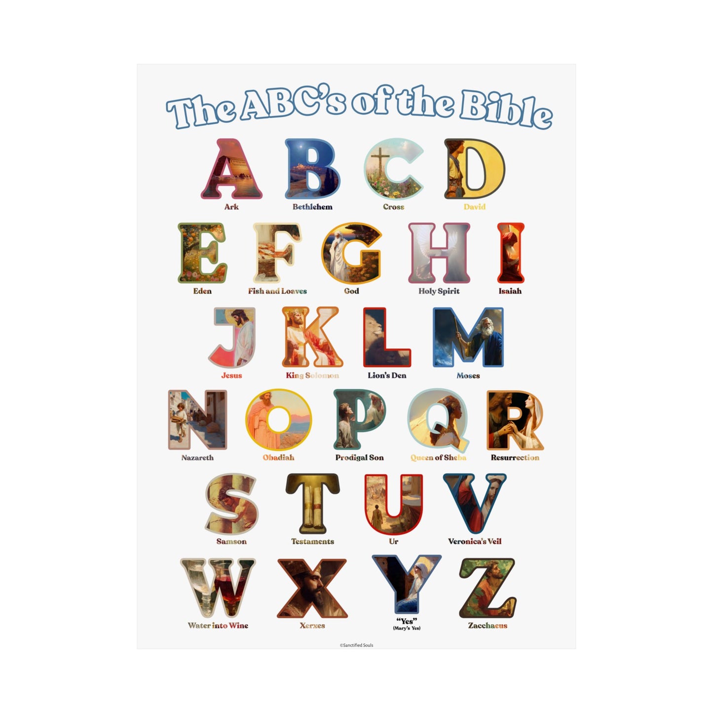 Bible ABC Poster - ABCs of the Bible Wall Art - Biblical People Places and Stories Chart - Christian Homeschool or Sunday School Decor