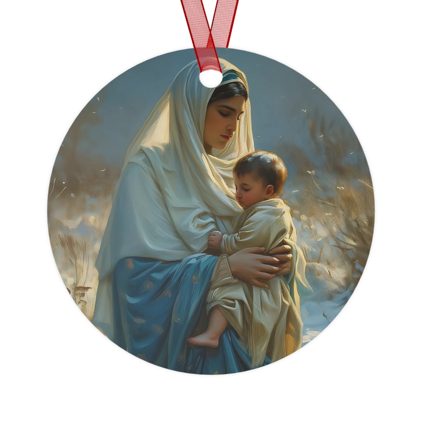 Snowfall of Grace - Our Lady's Winter Radiance - Our Lady of the Snows Metal Ornament - Religious Holiday Christmas Ornament - Double sided