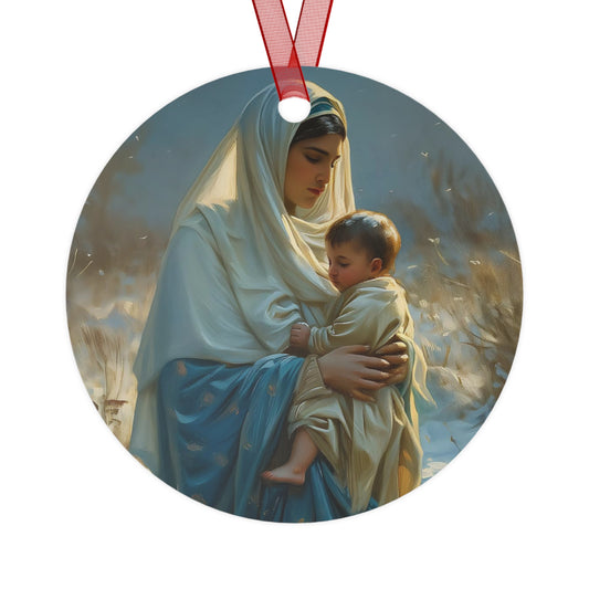 Snowfall of Grace - Our Lady's Winter Radiance - Our Lady of the Snows Metal Ornament - Religious Holiday Christmas Ornament - Double sided