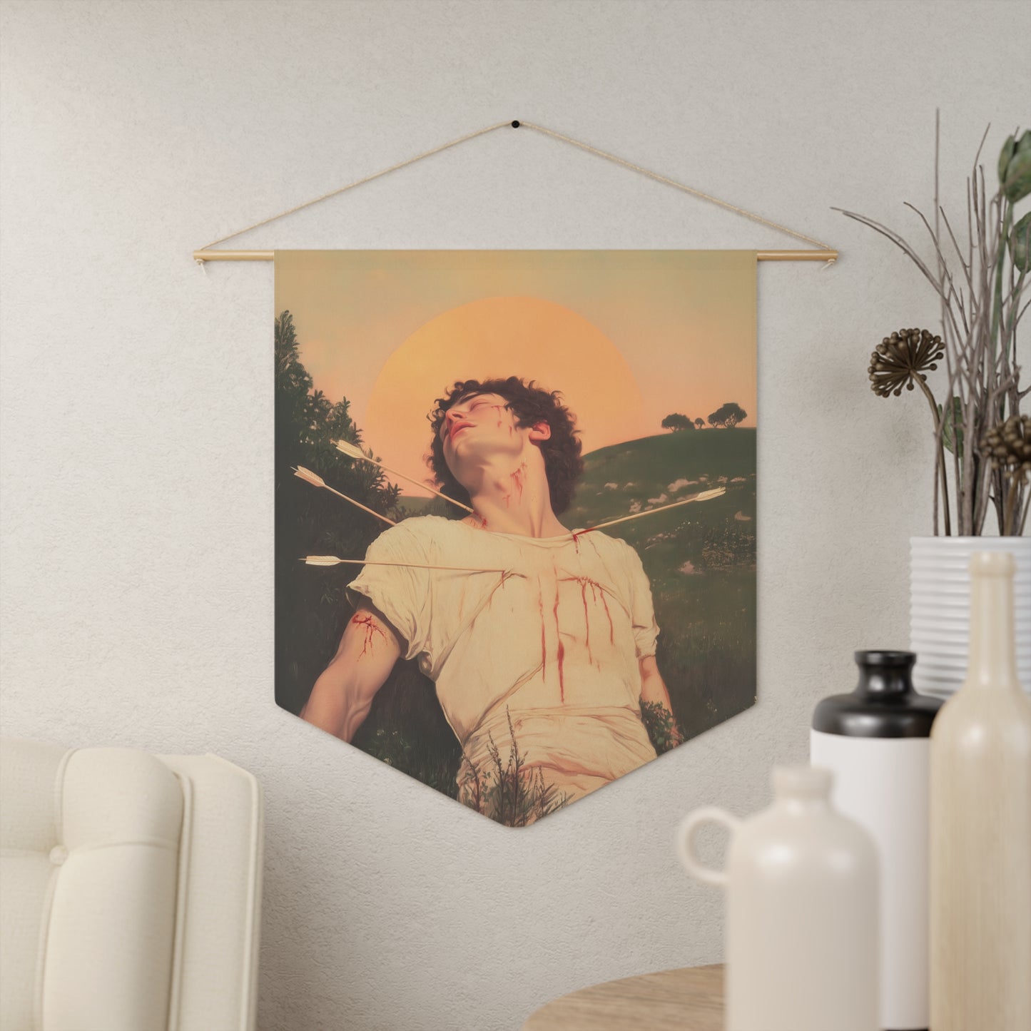 Saint Sebastian Pennant / Banner / Wall Hanging - Prayer room art - 18" x 21" - Catholic - Large Banner